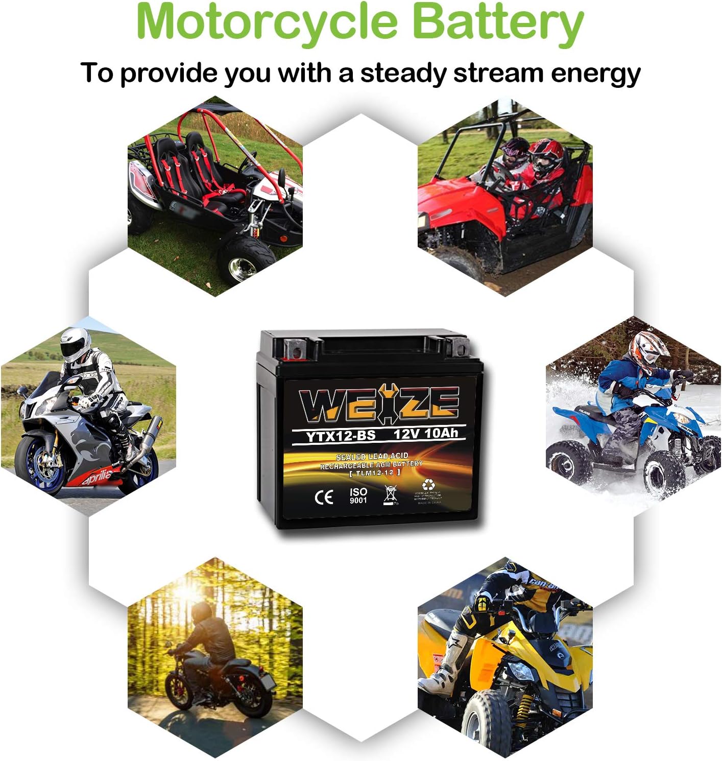 Weize YTX14 BS ATV Battery High Performance - Maintenance Free - Sealed AGM YTX14-BS Motorcycle Battery compatible with Honda Suzuki Kawasaki Yamaha scooter snowmobile