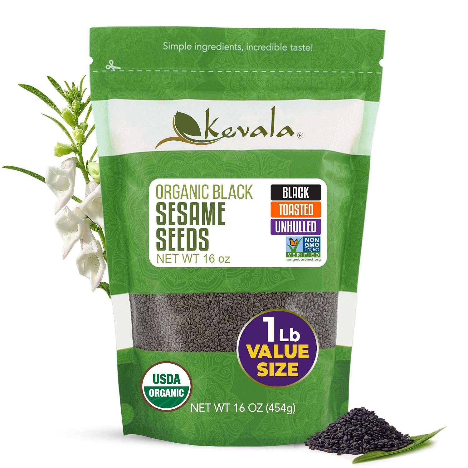 Organic Black Toasted Sesame Seeds - 1 lb, 16 oz, Unhulled Roasted Seeds | For Preparing a Black Tahini Paste and Hummus Dip, Gluten Free Kitchen Staple, Addition to Your Bagel and Salad Toppings