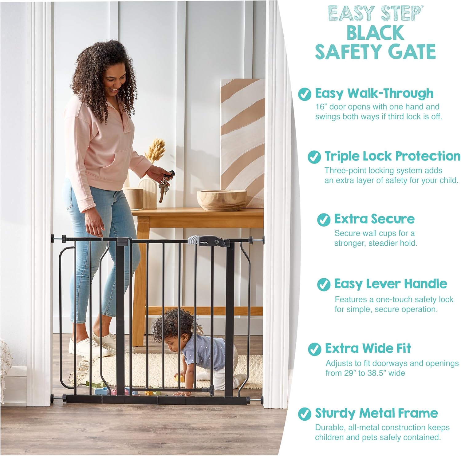 Regalo Safety 29"-49" Extra Wide Baby Gate, Bottom of Stairs & Doorways | Pressure Mounted with Door, For Babies, Toddlers & Pets, White, Tested & Trusted for 30 Years