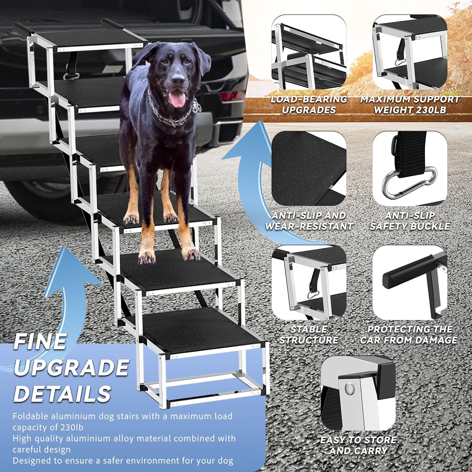 Deergym Dog Stairs for Large Dogs - 5 Step Wide 16in High 34in Foldable Dog Ramp for Car Non-Slip Surface Support up to 230lbs - Suitable for SUV,Truck, Sofas, Bed