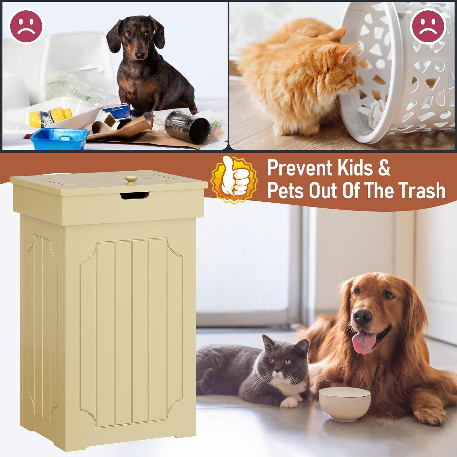 Function Home Trash Can Cabinet, 13 Gallon Kitchen Garbage Can, Wood Recycling Trash Bin, Freestanding Dog Proof Trash Can, Farmhouse Trash Cabinet with Lid for Home Kitchen Bathroom, Yellow
