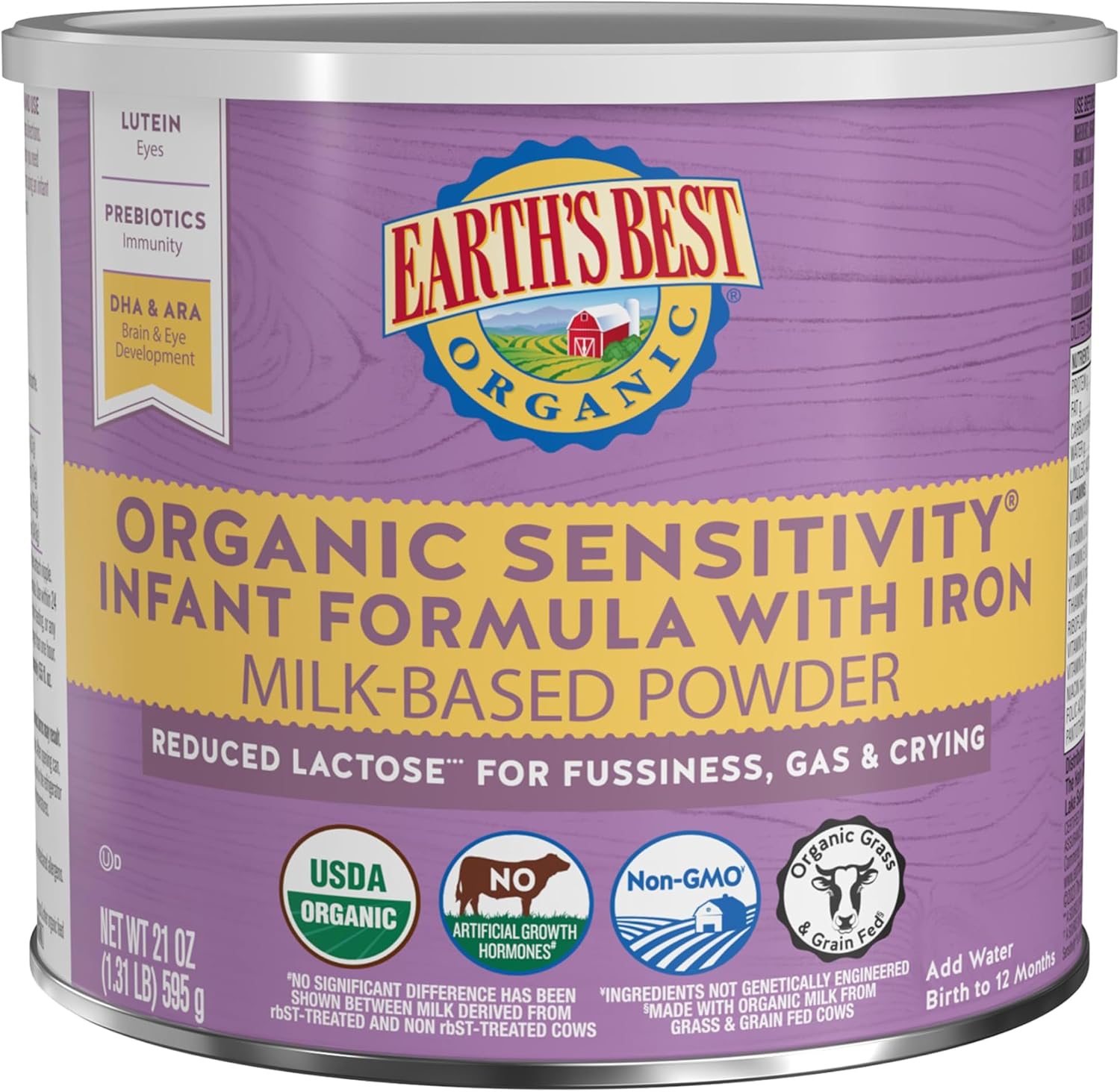 Earth's Best Organic Sensitivity Infant Formula for Babies 0-12 Months, Reduced Lactose Powder Formula with Iron, Omega-3 DHA, and Omega-6 ARA, 32 Ounce Value Container
