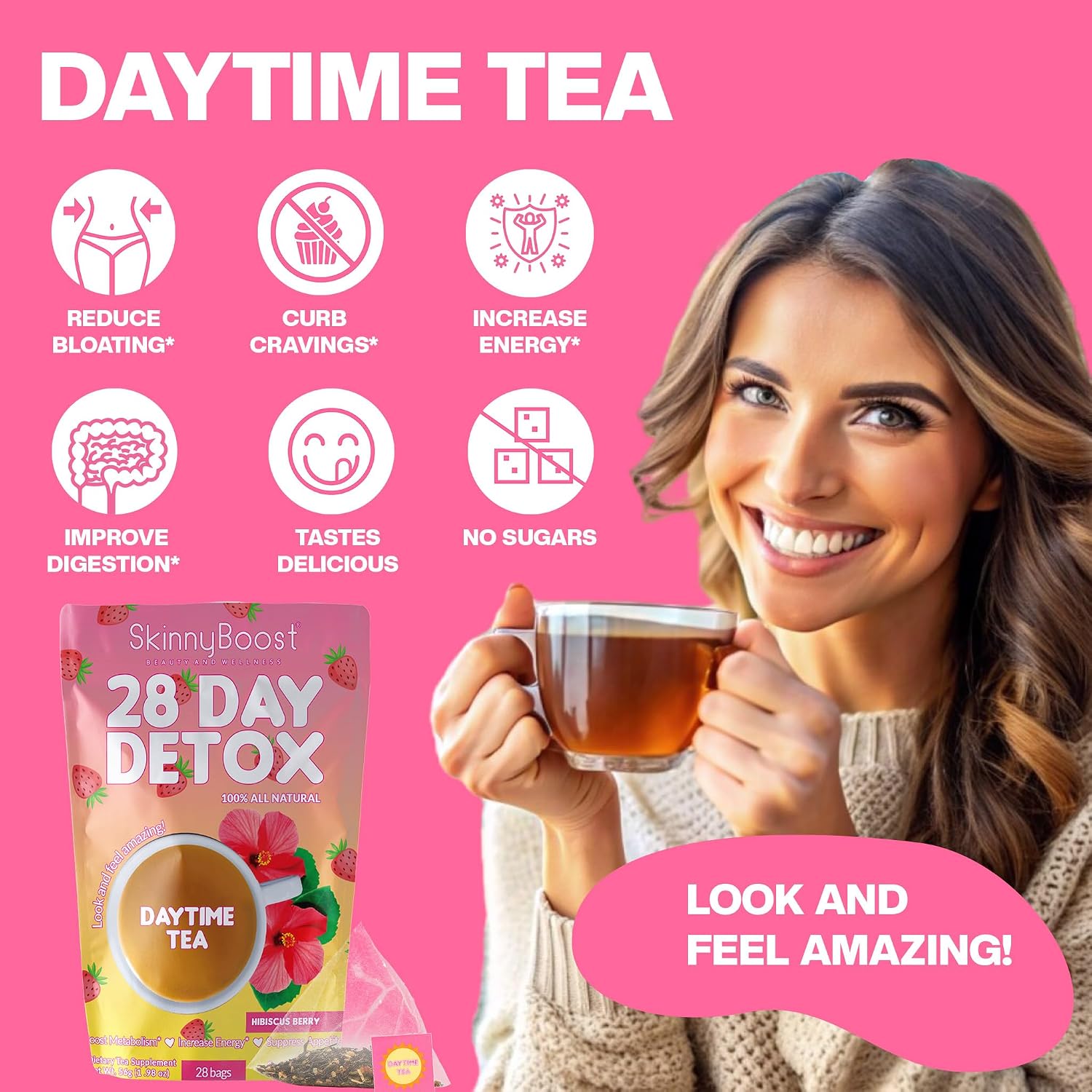 SkinnyBoost 28 Day Detox Daytime Tea - CITRUS MINT (28 Tea Bags) Supports Metabolism Boost, Detox, All Natural, Non GMO, Vegan, Keto Friendly | Natural Energy Boost, Supports Metabolism, Detox, All Natural, Non GMO, Vegan, Keto Friendly, Antioxidants
