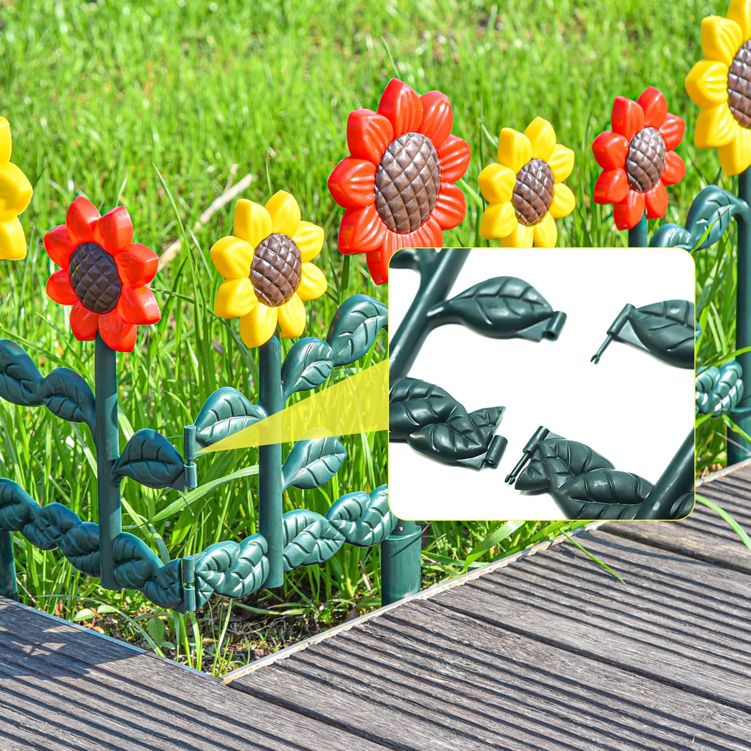 Sungmor Plastic Garden Picket Fence Edging, Sunflower Decor Lawn Flower Bed Border Panels, 4 Pack Total 98 Inches Length