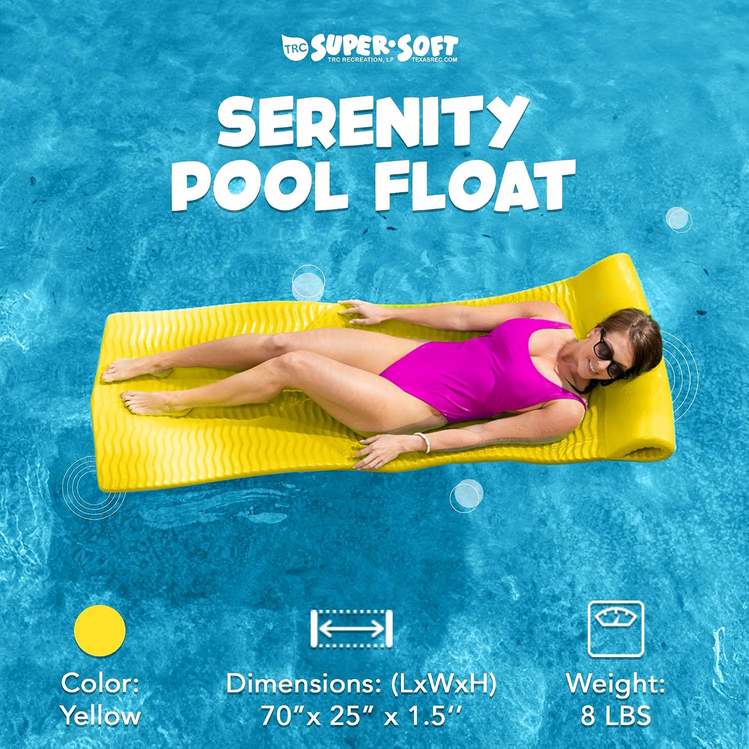TRC Recreation Serenity 1.5” Thick Vinyl Coated Foam Swimming Pool Float Mat Adult Lounger with Built-in Roll Pillow