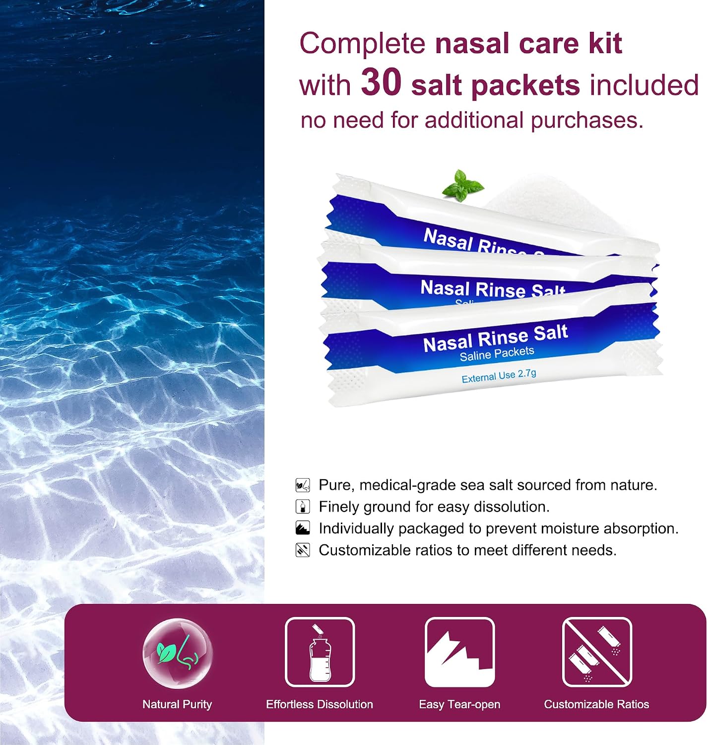 MAOEVER Neti Pot Sinus Rinse Bottle Nose Wash Cleaner Pressure Rinse Nasal Irrigation for Adult & Kid BPA Free 300 ML with 30 Nasal Wash Salt Packets and Sticker Thermometer(Blue)