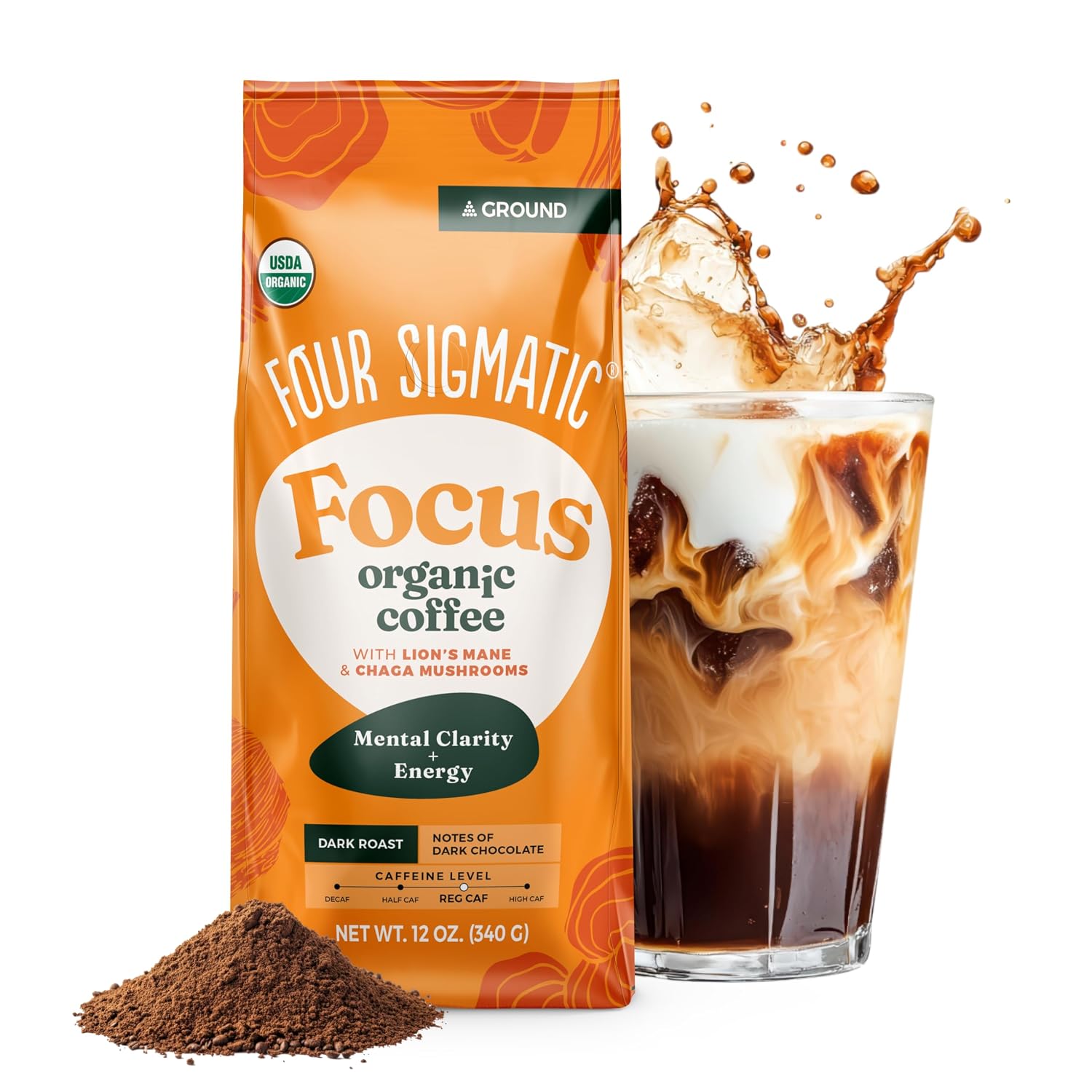 Four Sigmatic Organic Focus Mushroom Ground Coffee | Dark Roast, Organic Coffee with Lion's Mane & Chaga Mushroom for Mental Clarity & Energy Support | 12oz Bag