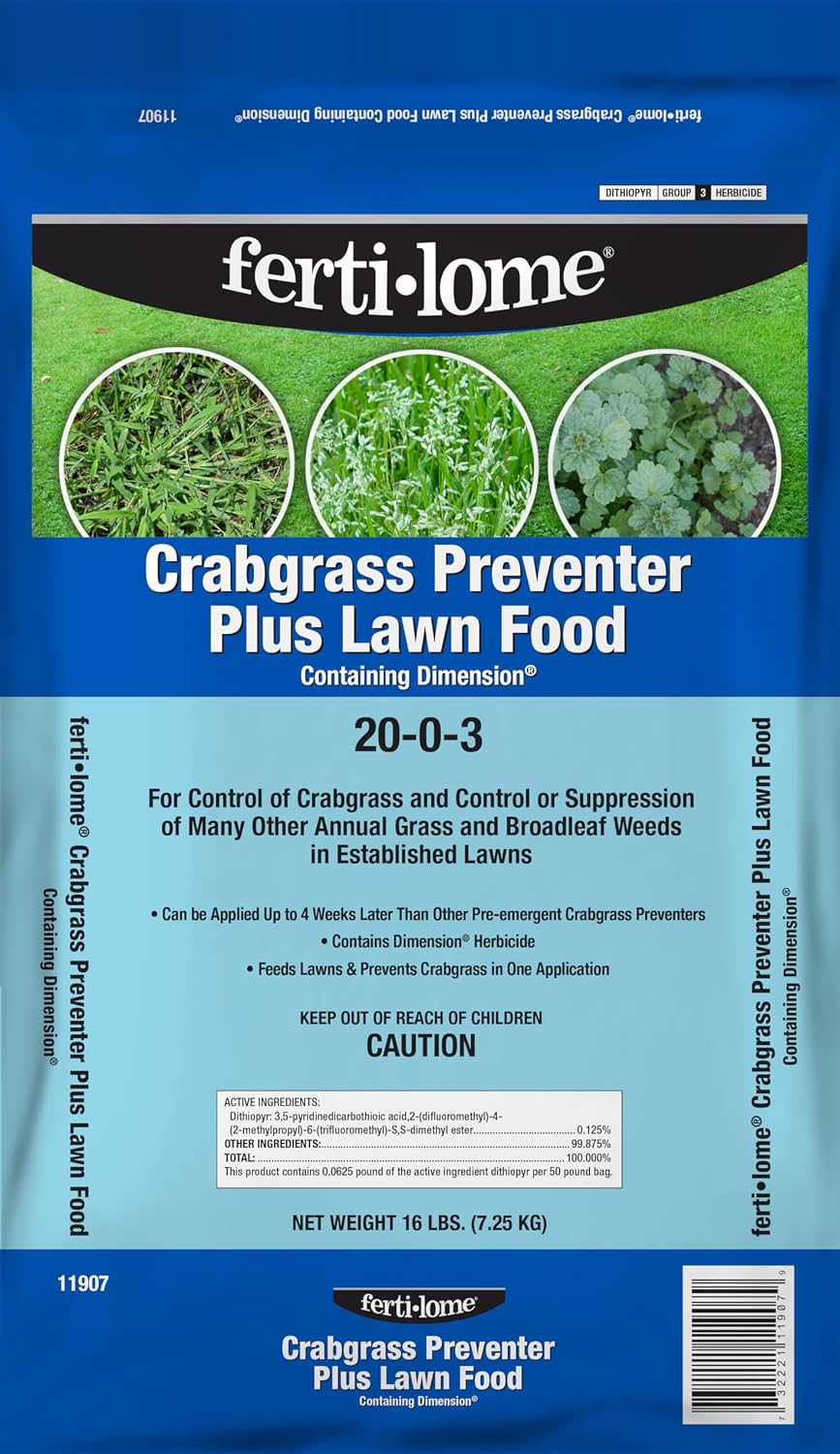 Fertilome (11907) Crabgrass Preventer + Lawn Food 20-0-3, 16 lbs | Dithiopyr + 20-0-3 NPK granules - Pre-emergent crabgrass + broadleaf control - Spring lawn care users