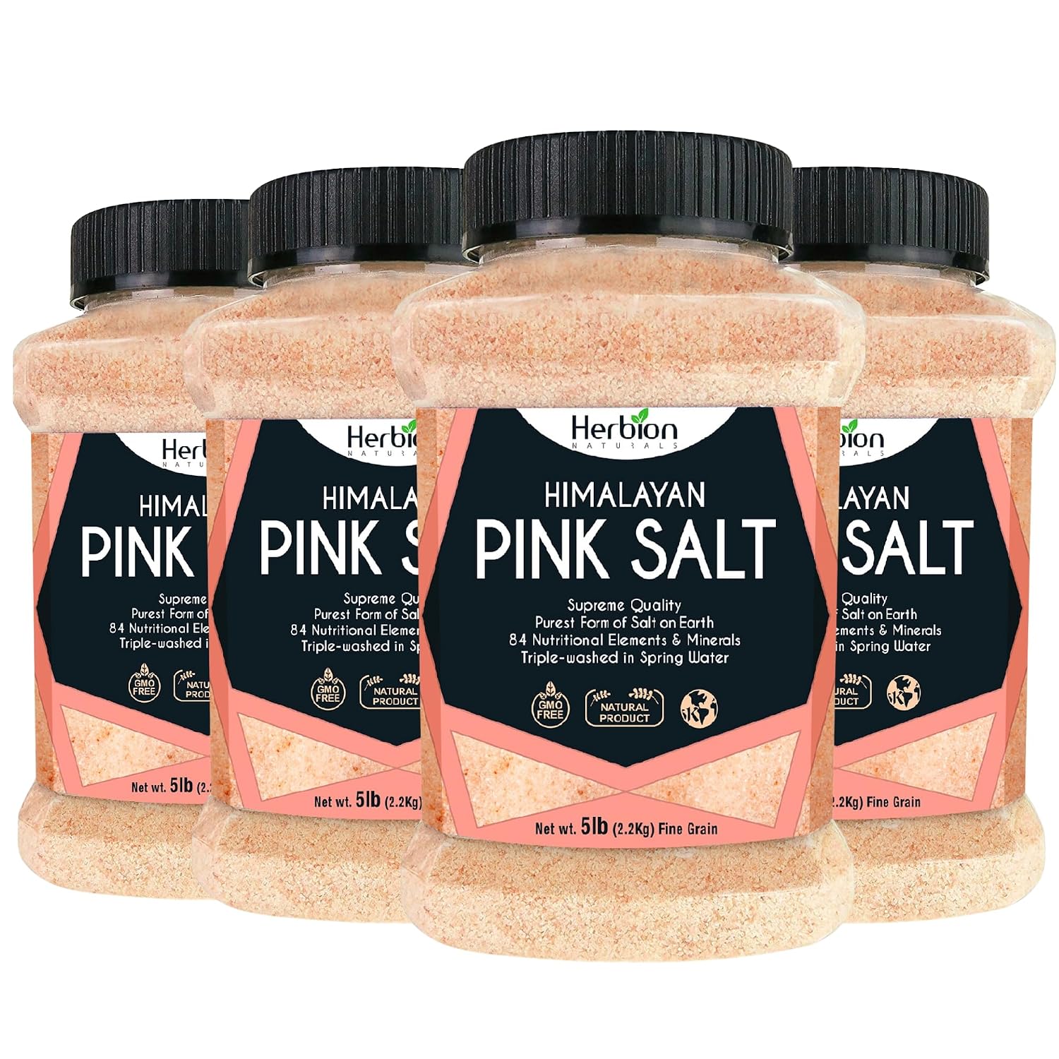 HERBION Naturals Himalayan Pink Salt Jar Fine Grain, GMO Free, Supreme Quality Chemical Free, Vegan, Kosher Certified, Fine Grain All Natural Salt