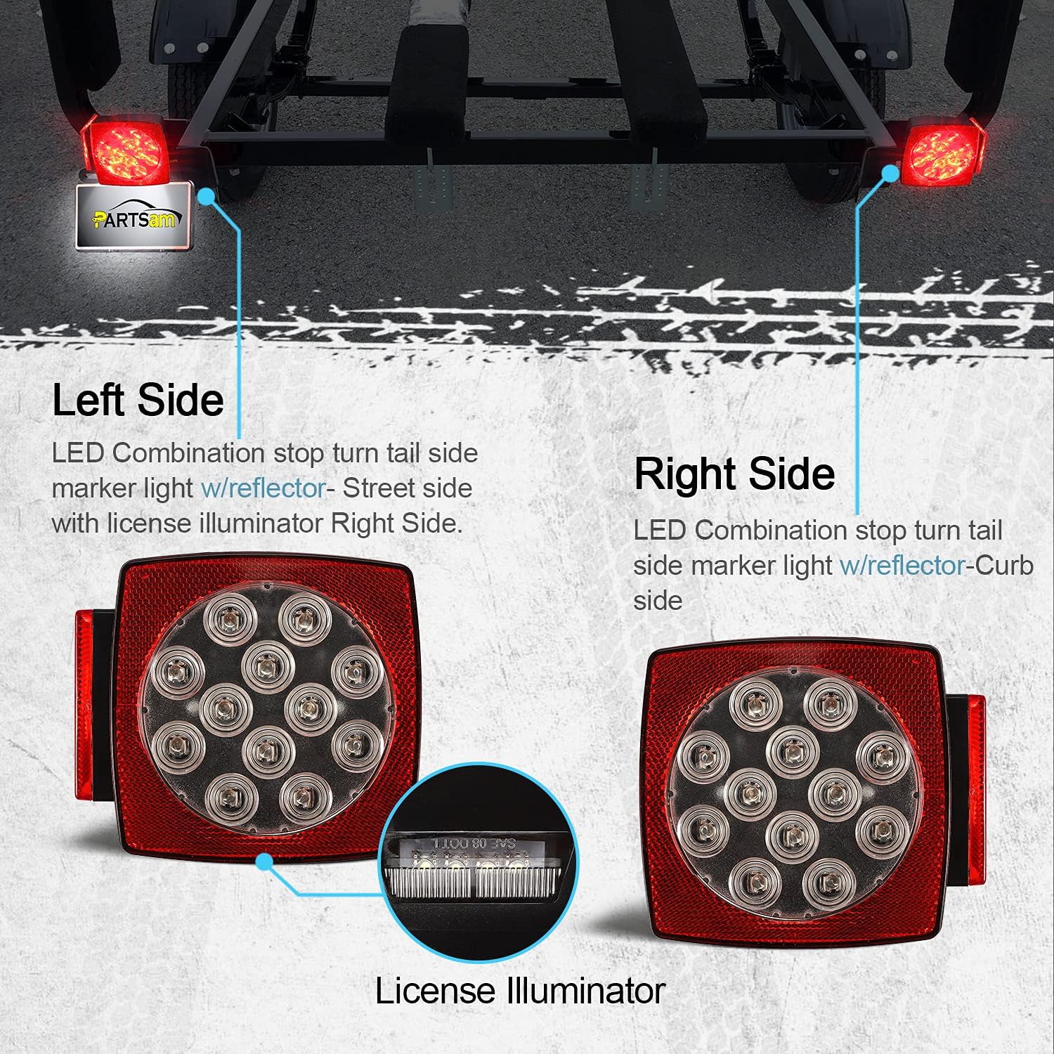 Partsam 12V Waterproof Square LED Trailer Tail Light Kit Clear Lens Red Trailer Brake Stop Tail Turn Signal Running Lights License Kit for Camper