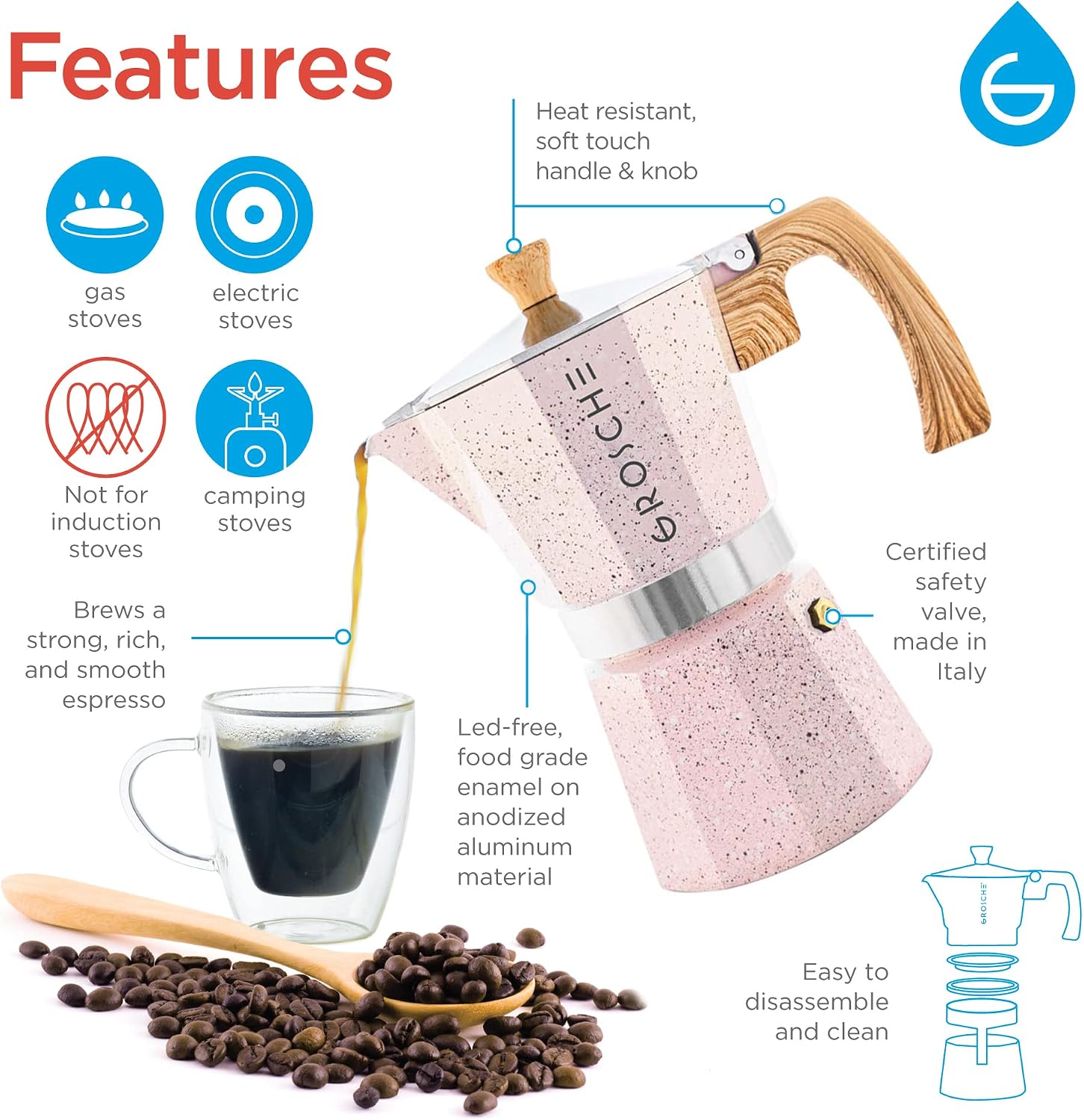 GROSCHE Milano Moka Pot | 9 Espresso Cup - 15.2 oz | Stovetop Espresso Percolator & Coffee Maker – Portable, Ideal for Home and Camping | Cuban Coffee Maker And Italian Moka Pot For Stovetop Espresso; For Gas, Electric, And Propane Stoves With A Soft-Tou…