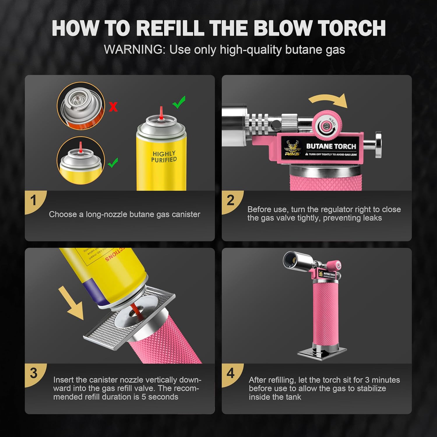 RAVS Butane Torch Lighter, Premium Metal Kitchen Torch with Adjustable Flame & Safety Buckle, Refillable Creme Brulee Torch for Baking, BBQ, DIY