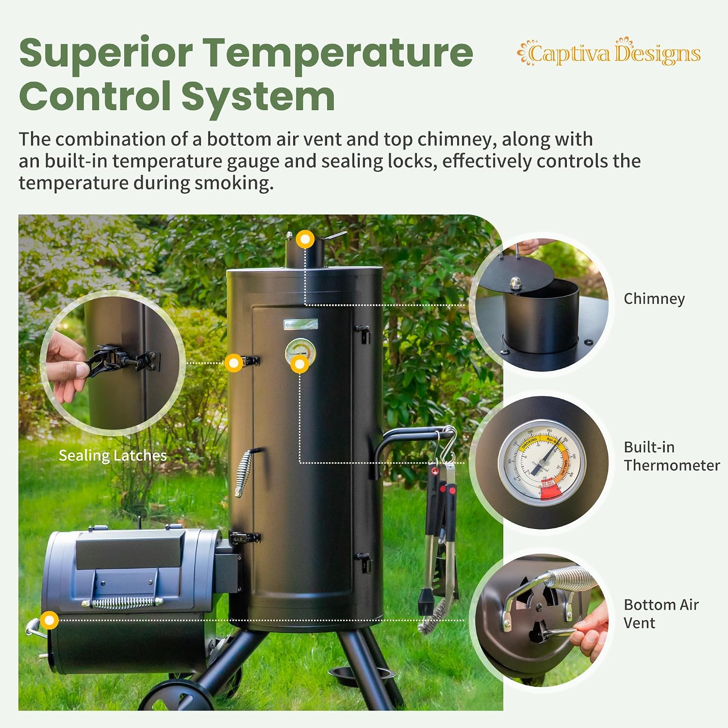 Captiva Designs Vertical Charcoal Smoker Grill Extra Large Barbecue Grill | 961 SQ.IN Outdoor Barrel BBQ Meat Smoker with 5 Removable Smoking Grates & Built-in Hooks for Outdoor Backyard Cooking