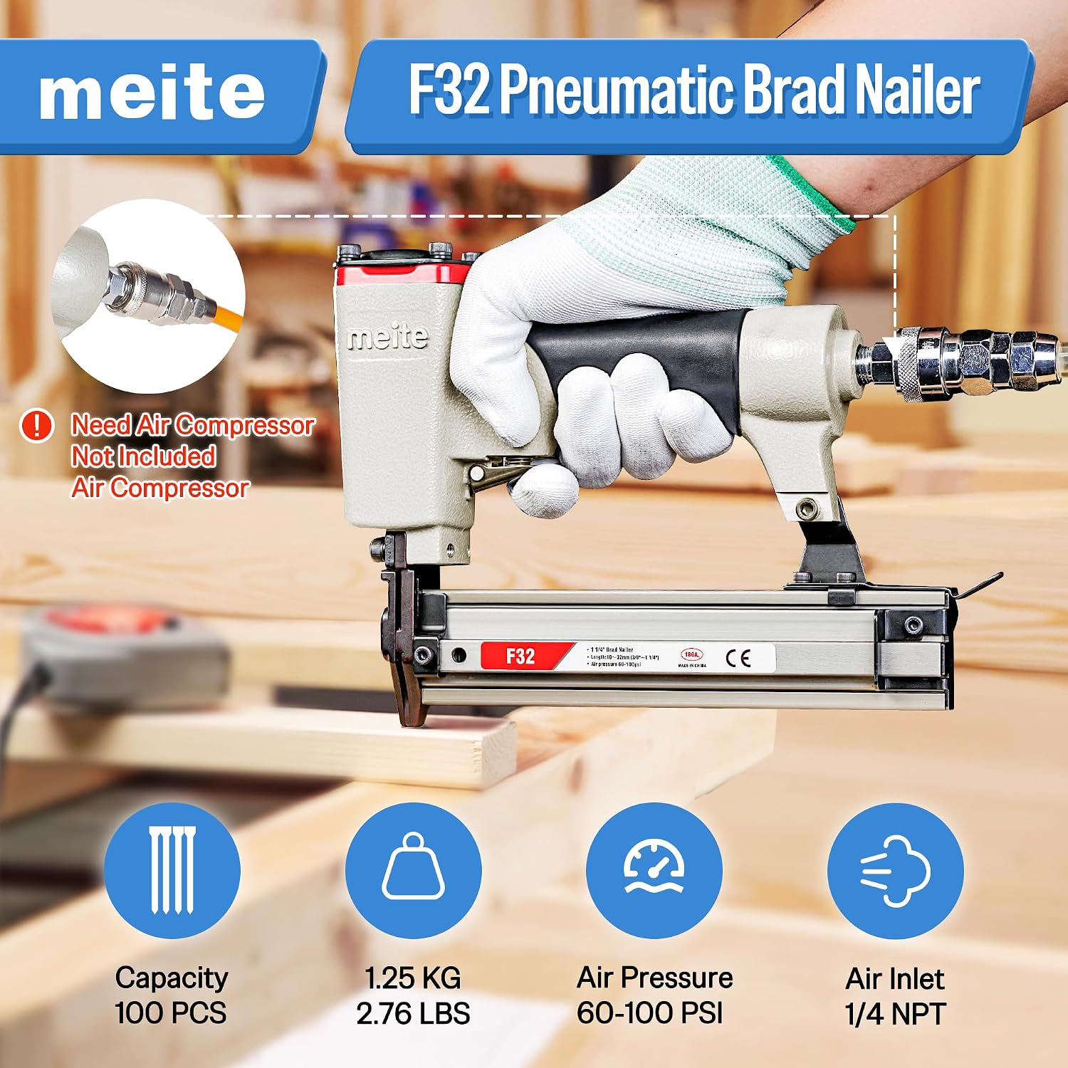 meite F32 Brad Nailer 18 Gauge 3/8" to 1-1/4" Pneumatic Tool for Woodworking Projects