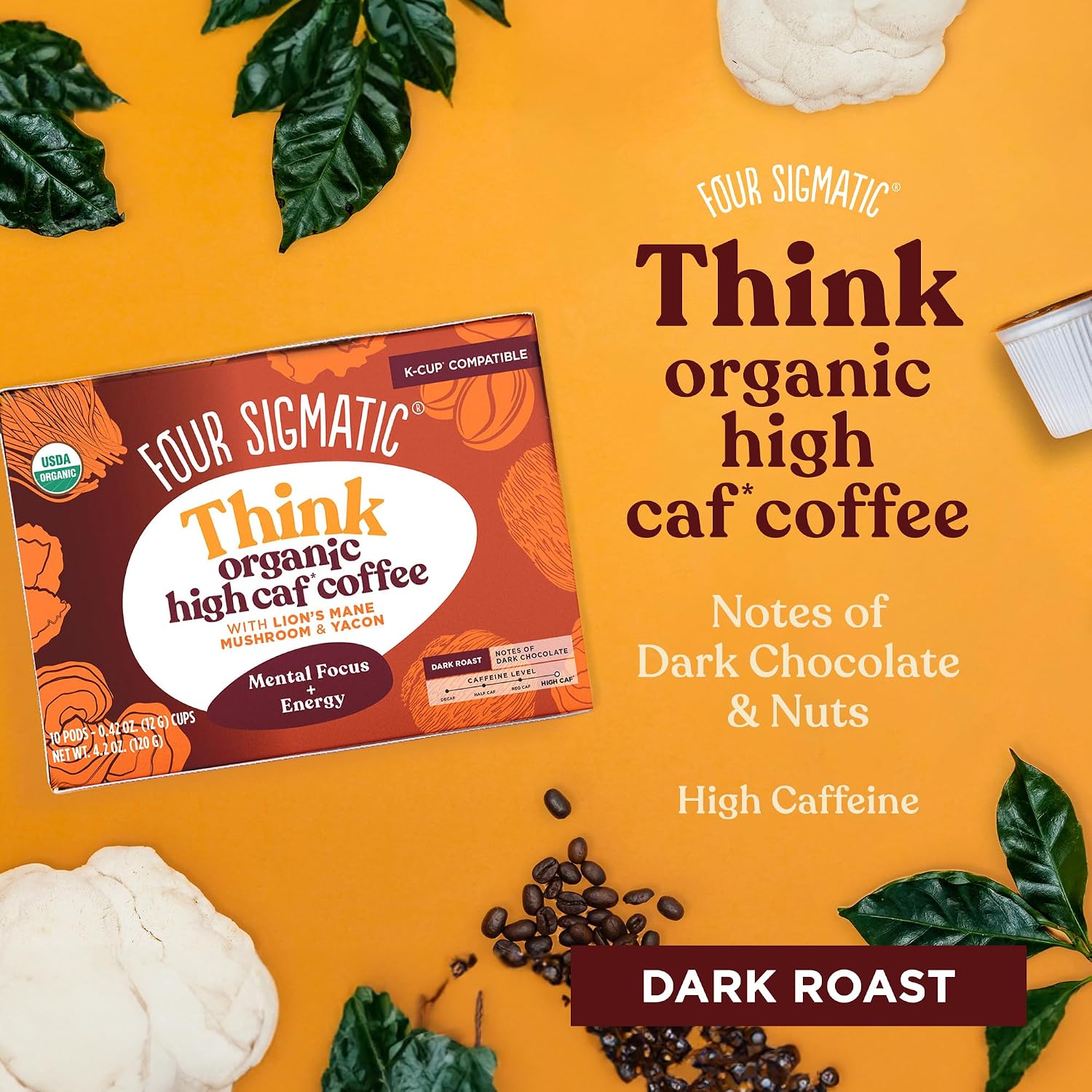 Four Sigmatic Mushroom Coffee K-Cups | Organic Dark Roast Coffee with Lion’s Mane Mushroom Powder & Yacon | Focus & Immune Support | Vegan & Keto