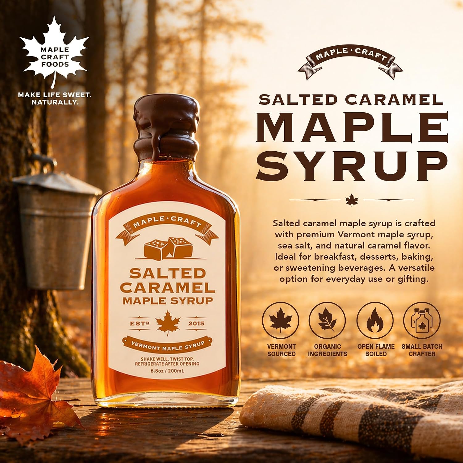 Maple Craft Foods Salted Caramel Maple Syrup – Organic Vermont Maple Syrup with Natural Caramel Flavor & Salt, Gourmet Flavored Syrup for Pancakes, Coffee, Baking and Desserts, 6.8 oz