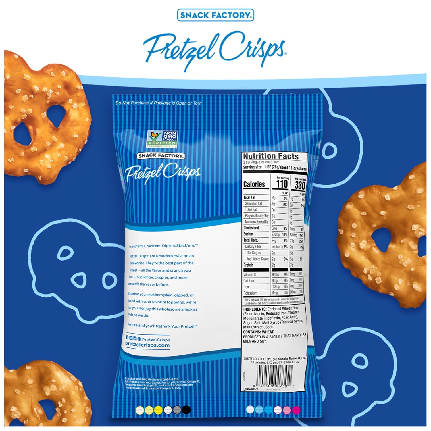 Snack Factory Original Pretzel Crisps, Non-GMO, 14 oz Party Size Bag