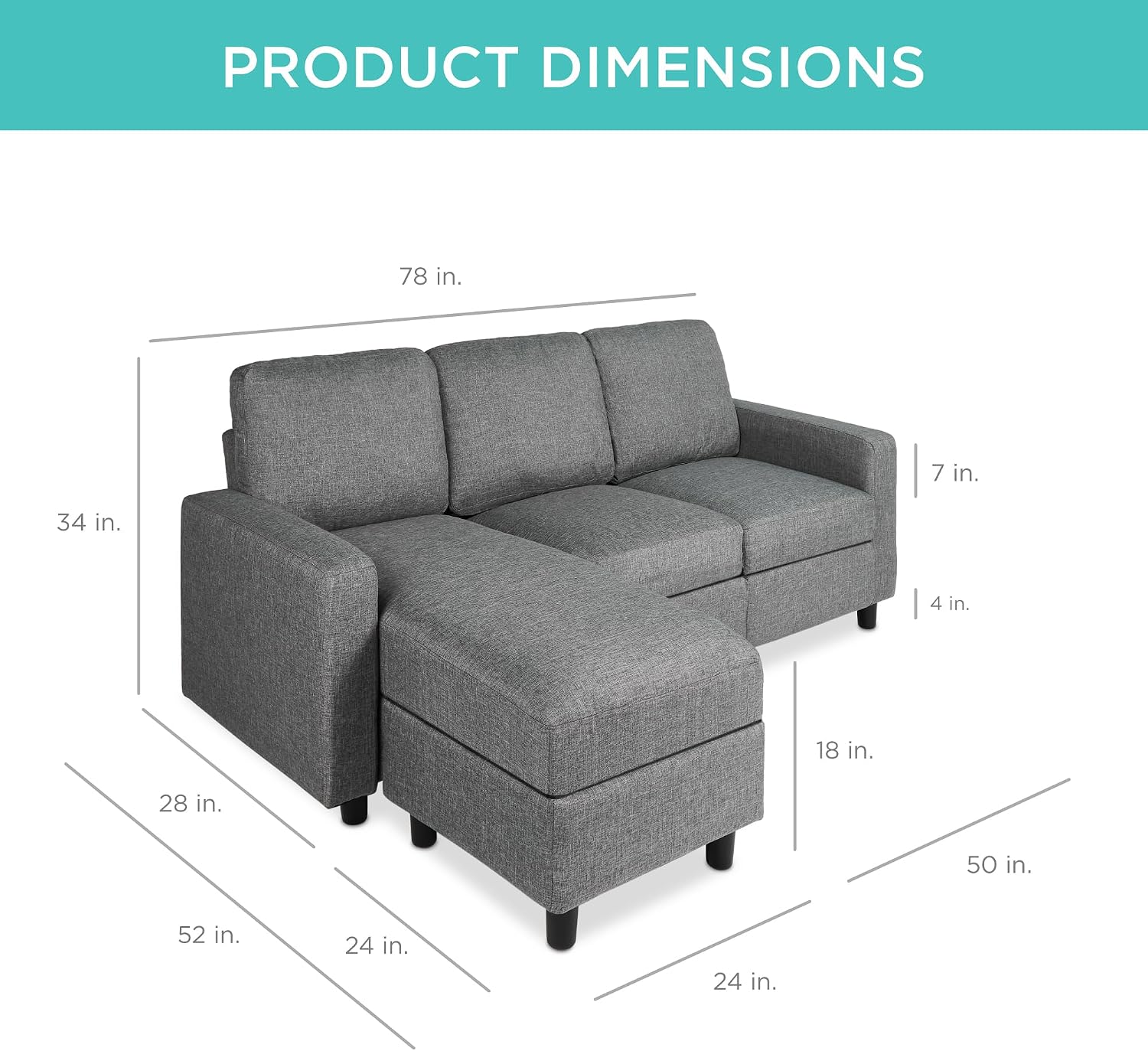 Best Choice Products Upholstered Sectional Sofa for Home, Apartment, Dorm, Bonus Room, Compact Spaces w/Chaise Lounge, 3-Seat, L-Shape Design