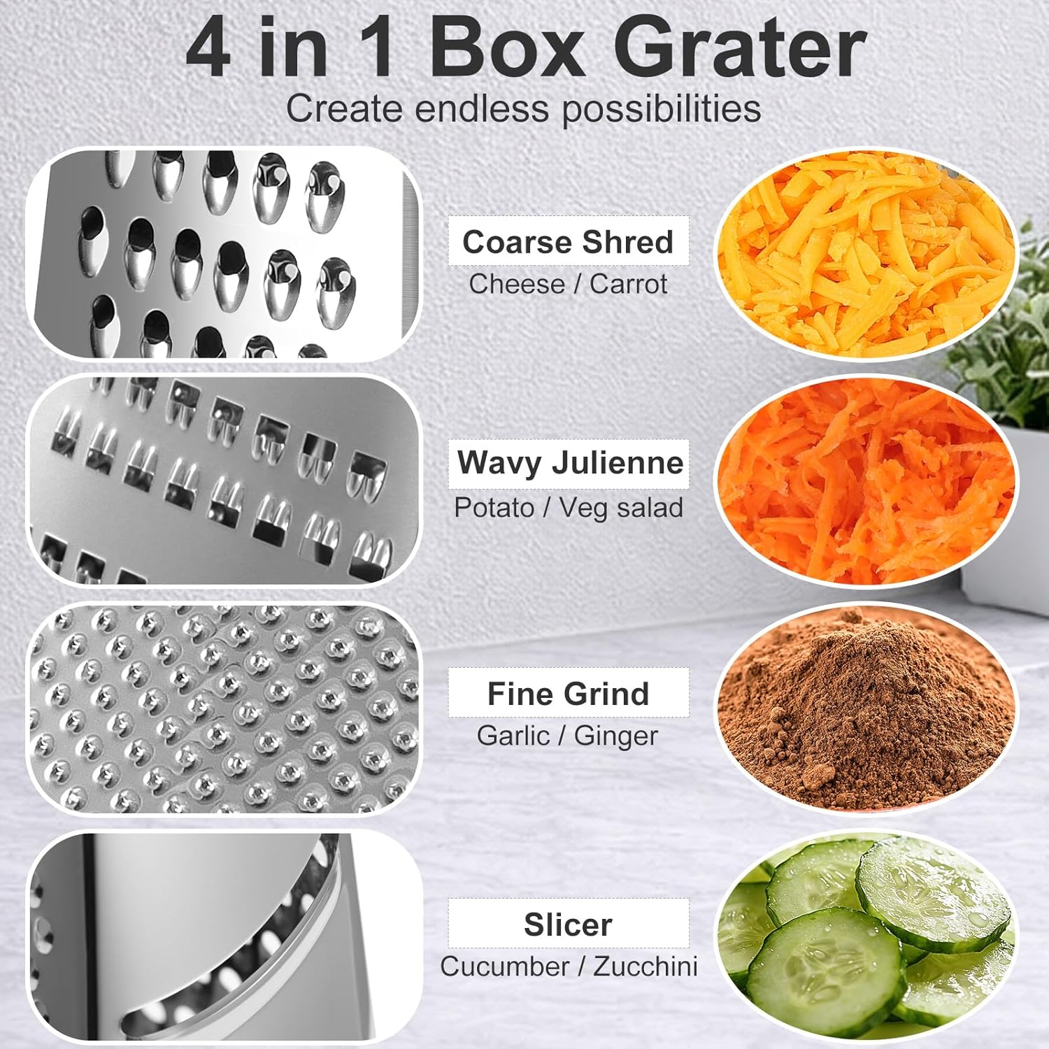 Ourokhome Cheese Grater with Handle, Stainless Steel Box Grater, 4 Side Kitchen Vegetable Shredder Slicer Zester with Container for Parmesan, Cabbage