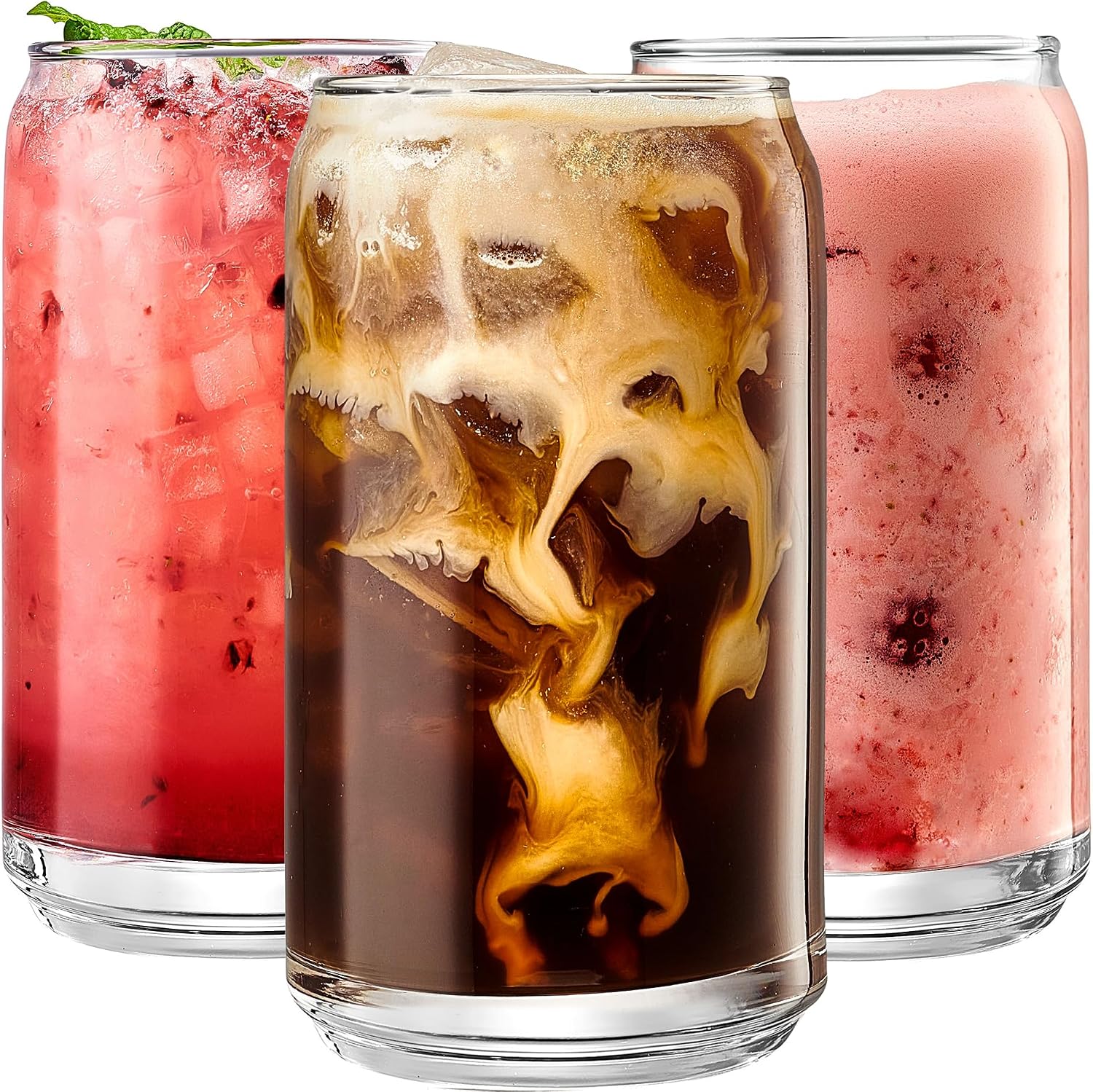Le'raze Set of 6 Patented Can Shaped® Drinking Glasses - 16oz Clear Goblet Glass Cups for Margarita, Cocktails, Iced Coffee, Tea, Soda, Whiskey
