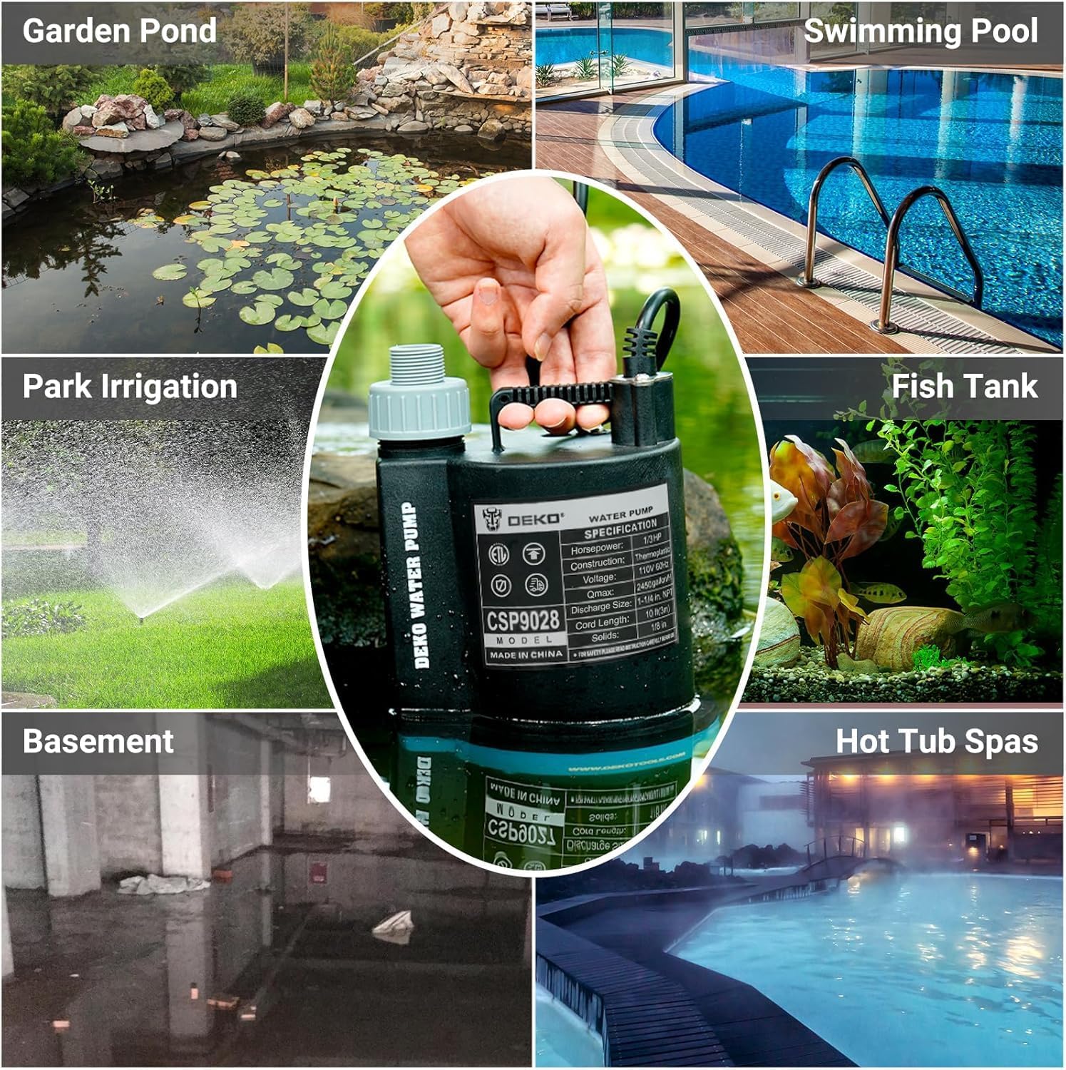 Submersible Utility Water Pump: 1/3HP 2450 GPH Sump Pump High-efficiency Motor Clean Water Removal Drain Pump for Swimming Pool Pond Garden Basement