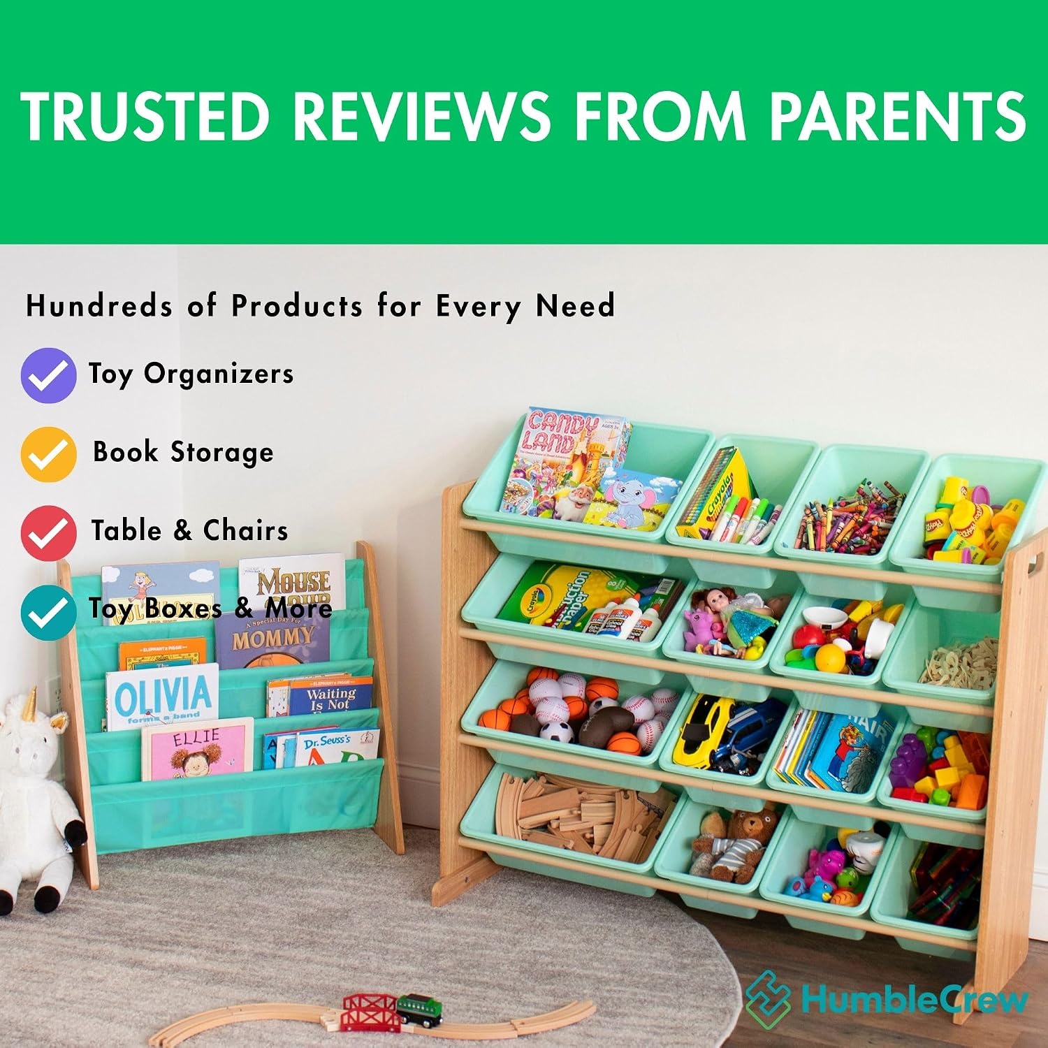 Humble Crew Kids Bookshelf, Montessori Front Facing Toddler Bookcase 4 Tier | Book display rack and reading nook organizer, nylon pockets show covers face out, compact for any playroom or bedroom space
