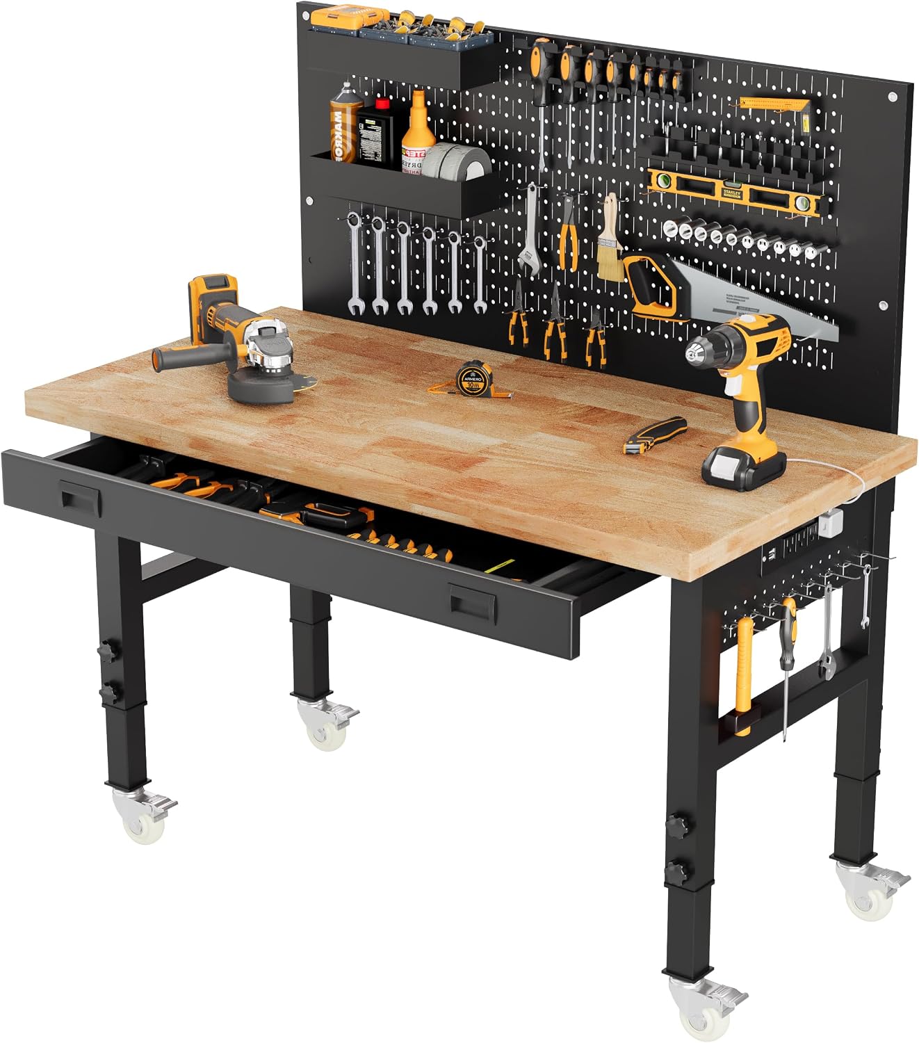 60" Heavy Duty Workbench, 2500 LBS Load Capacity Work Bench with 1.2" Laminated Oak Wood Top & Reinforced Steel Frame, Adjustable Height Work Table for Garage, Workshop, Office, Home (Casters)