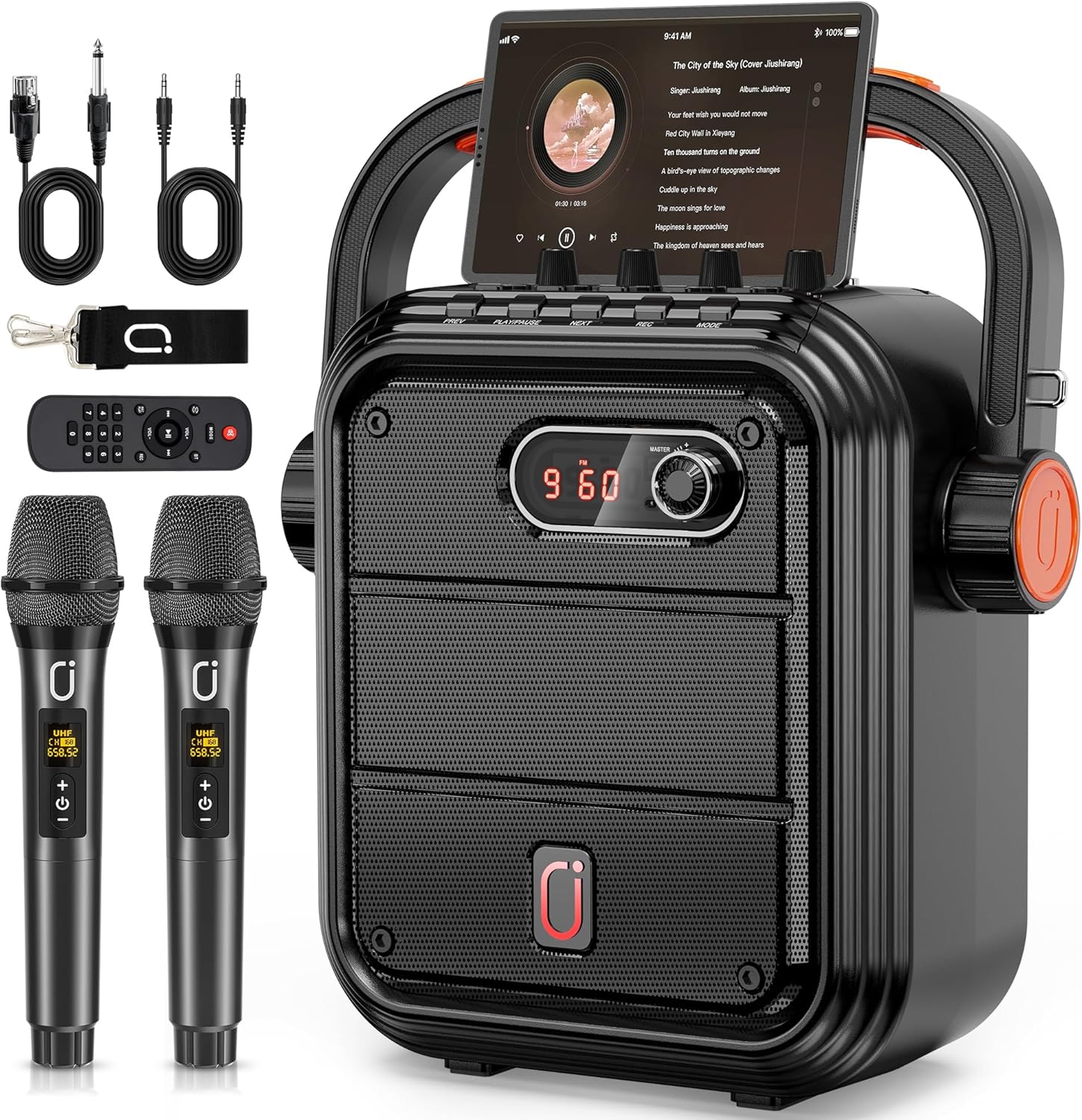 JYX Karaoke Machine with 2 Wireless Microphones, 5200mAh Portable Speaker Set Bluetooth 5.0 Rechargeable PA System with TWS, FM, REC