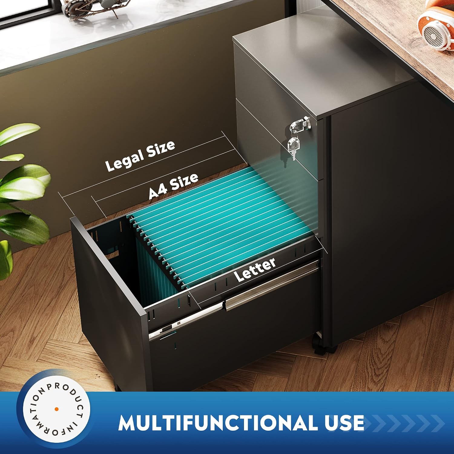 DEVAISE 3 Drawer Mobile File Cabinet with Lock, Under Desk Metal Filing Cabinet for Home Office/Legal/Letter/A4 File, Fully Assembled Except Wheels, Black