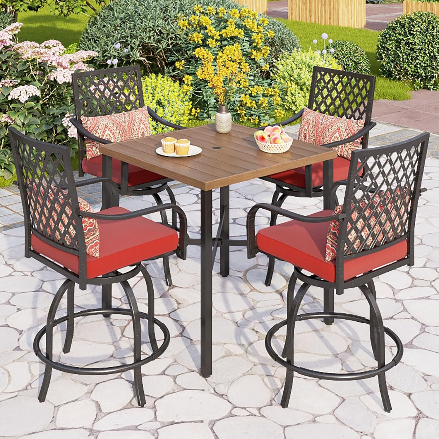 PHI VILLA Outdoor Bar Set 3 PCS Patio Bistro Table & Swivel Stools