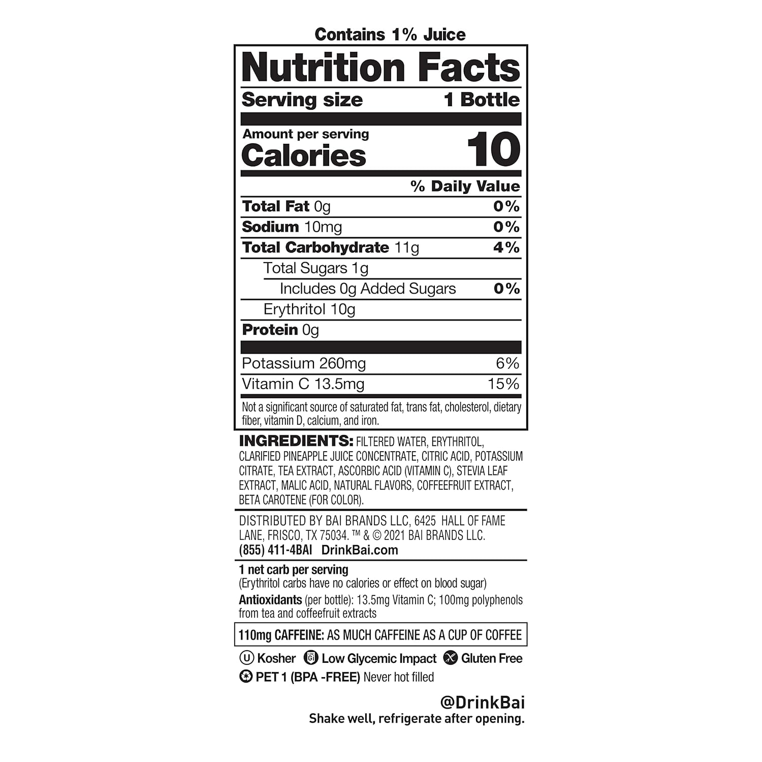 Bai Coconut Flavored Water Puna Coconut Pineapple, Antioxidant Infused, Coconut Pineapple Flavored Water Drink, 18 Fluid Ounce Bottles, 6 Count