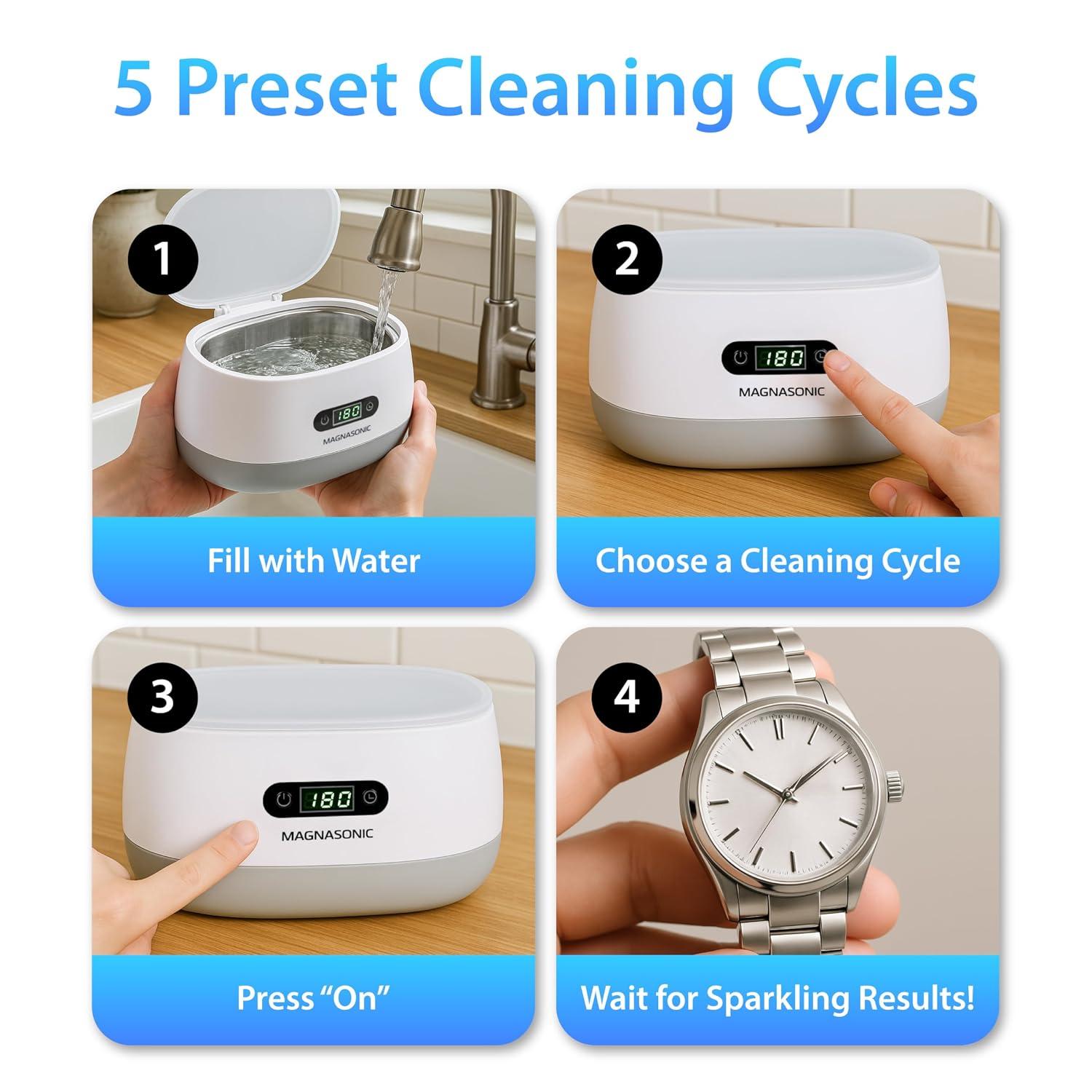 Magnasonic Ultrasonic Cleaner - 20oz Stainless Steel Tank, Digital Timer, 5 Cleaning Modes, Ultrasonic Jewelry Cleaner for All Jewelry, Eyeglasses, Watches, Dentures, Retainers & More