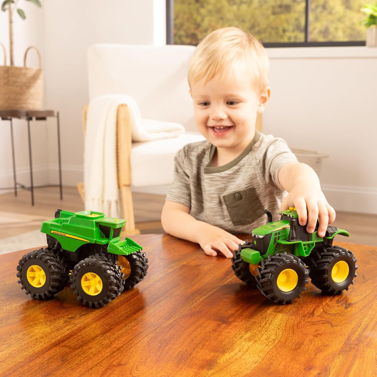TOMY Monster Treads Monster Truck Toys - John Deere Tractor and Combine 2-Pack with Lights and Sounds - John Deere Toys with Durable Bouncy Tires