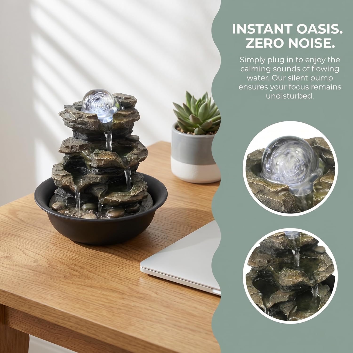 Rockery Indoor Water Fountain, Zen Meditation Tabletop Fountain with LED Lights & Crystal Ball for Home Office Bedroom 9 4/5"