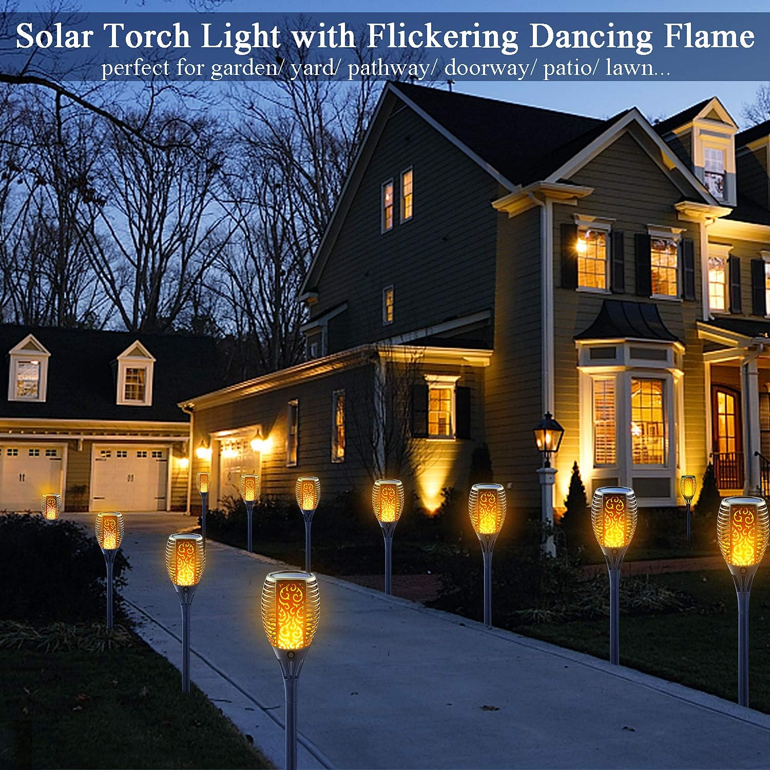 Large Size Solar Torch Light with Flickering Flame, 8 Pack | Fire Effect Garden Lights Outdoor, IP65 Waterproof Tiki Torches, Auto On/Off