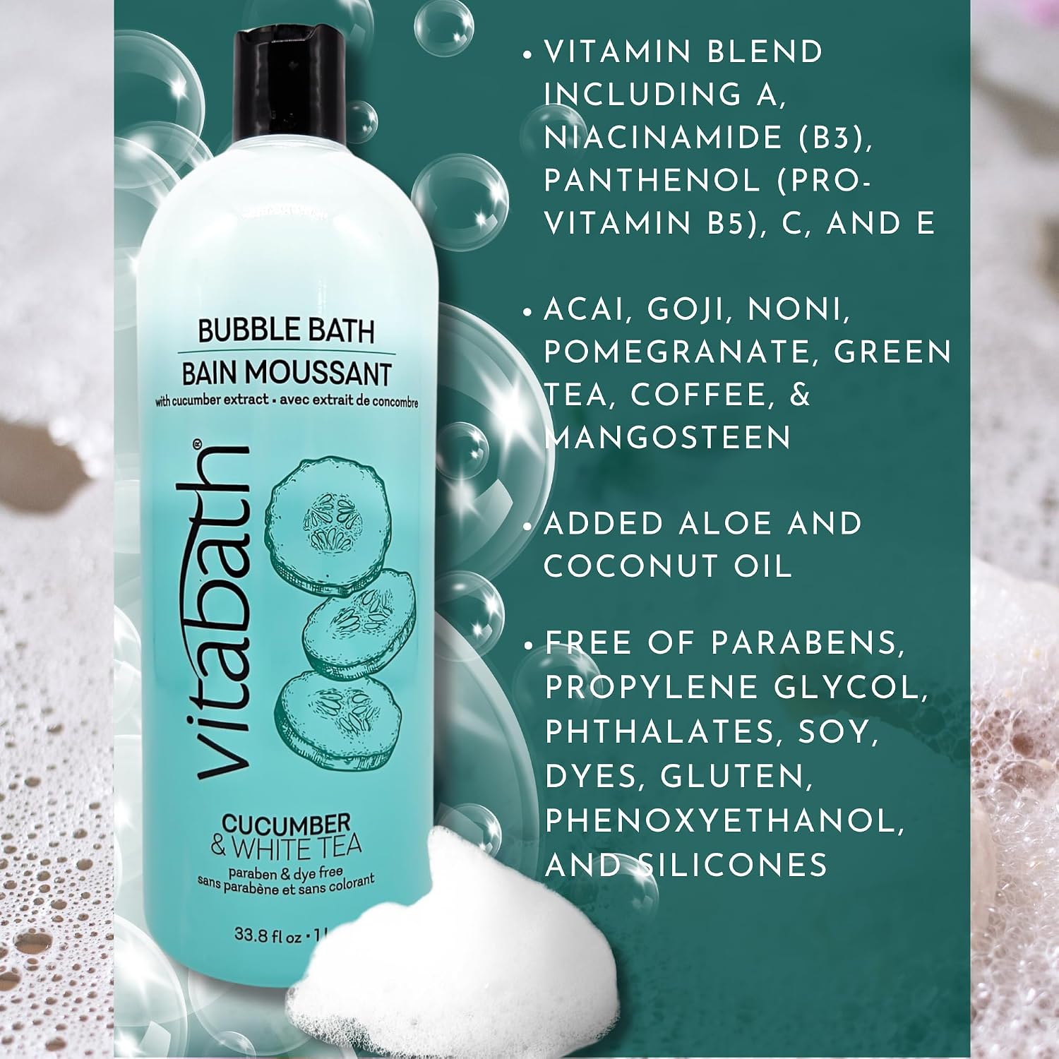 Vitabath Cucumber & White Tea Bubble Bath Rich Foaming Bubbly Soak & Relaxing Aromatherapy Moisturizing & Nourishing Indulgent Suds for Women & Men