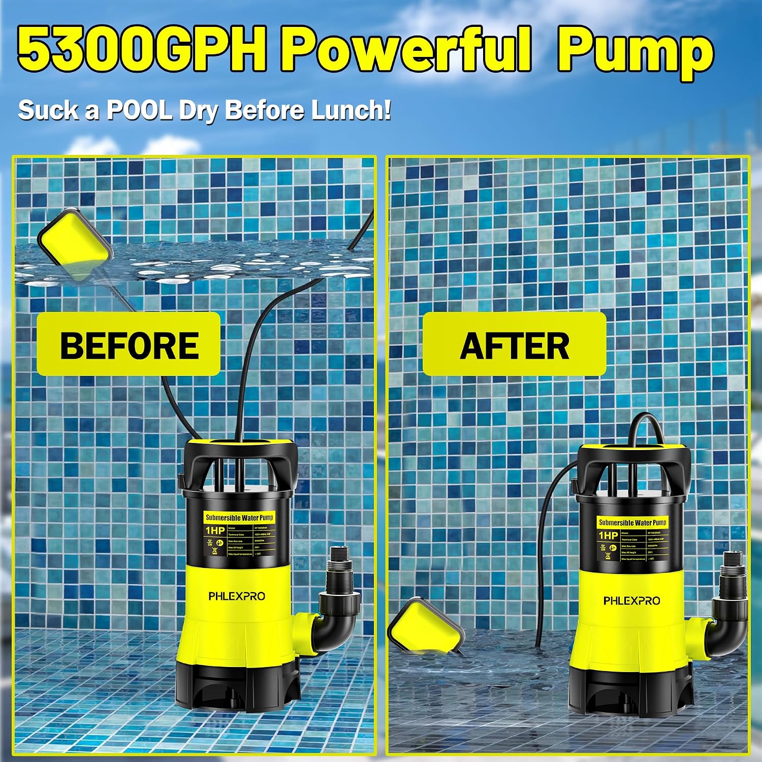 1/2HP Automatic Submersible Sump Pump, 5300 GPH Water Pump | 3/4" Garden Hose Check Valve Adapter, 2650 GPH Water Removal for Swimming Pool Cover Hot Tubs Flooded House Basement