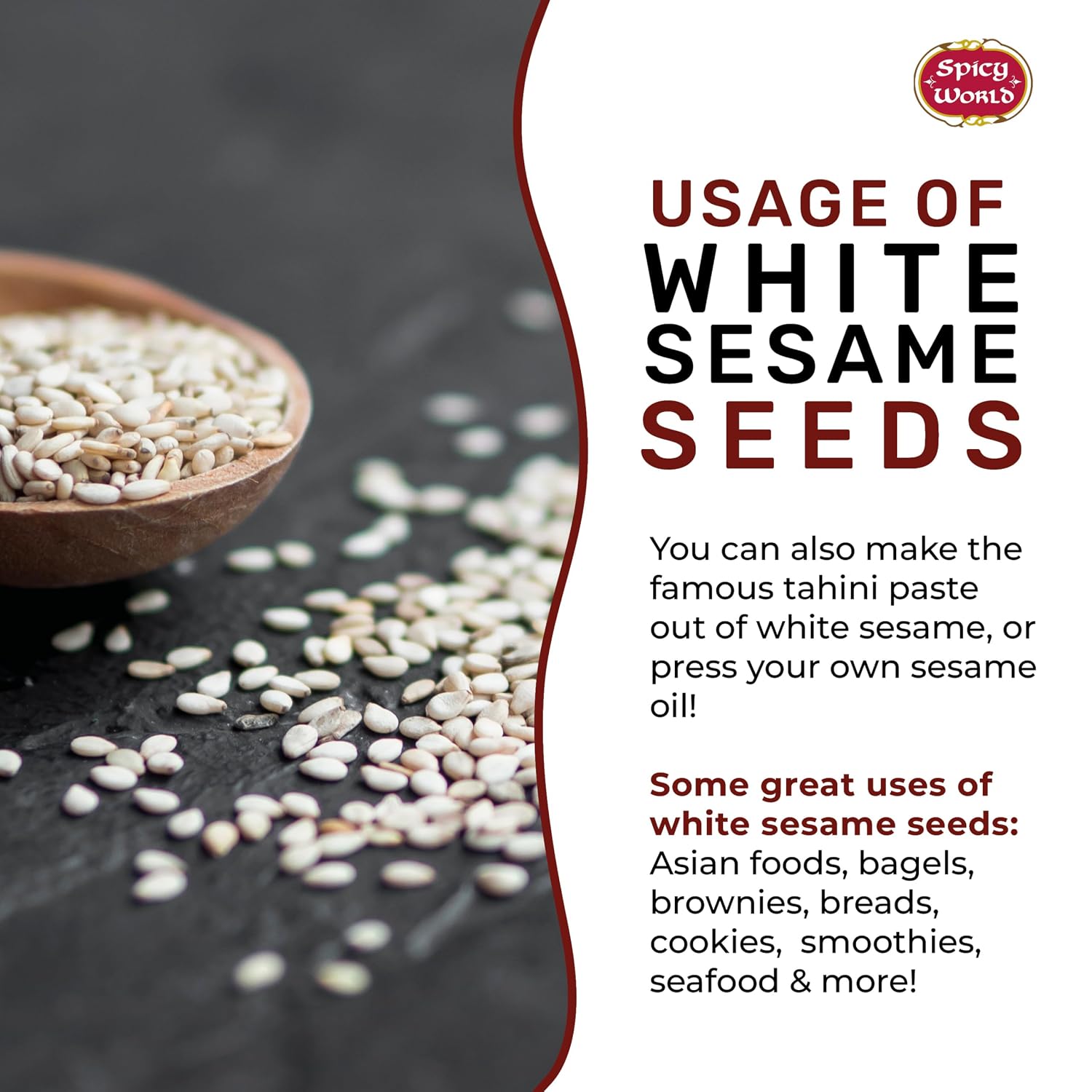 Spicy World White Sesame Seeds 3 LB Bag - Natural, Raw, Hulled, Non-GMO, Bulk Resealable Bag