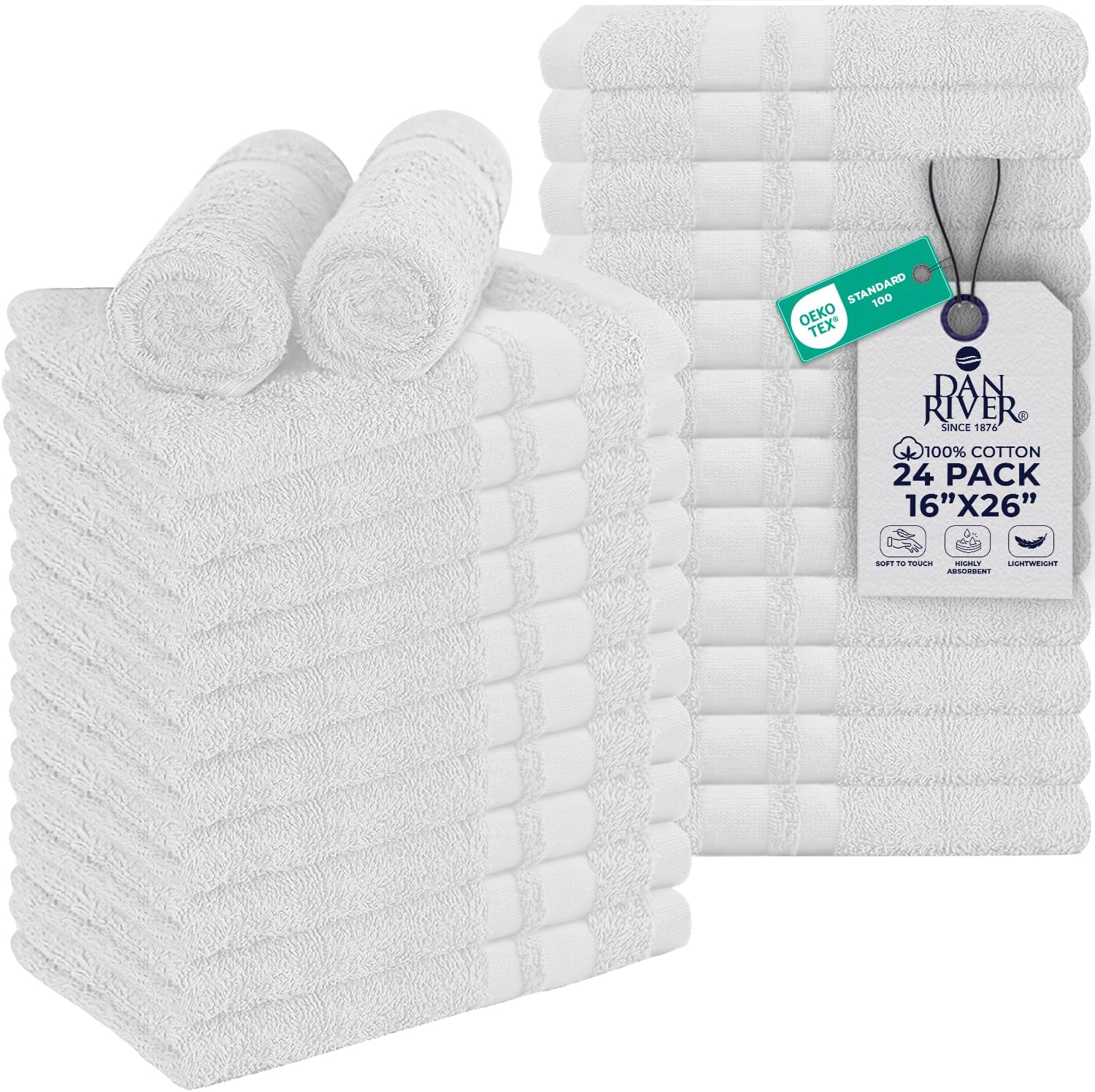 DAN RIVER 100% Cotton Salon Towels Set – 16x26 inches, Pack of 24, Highly Absorbent and Quick-Dry Towels for Hand, Salon, Spa, Beauty
