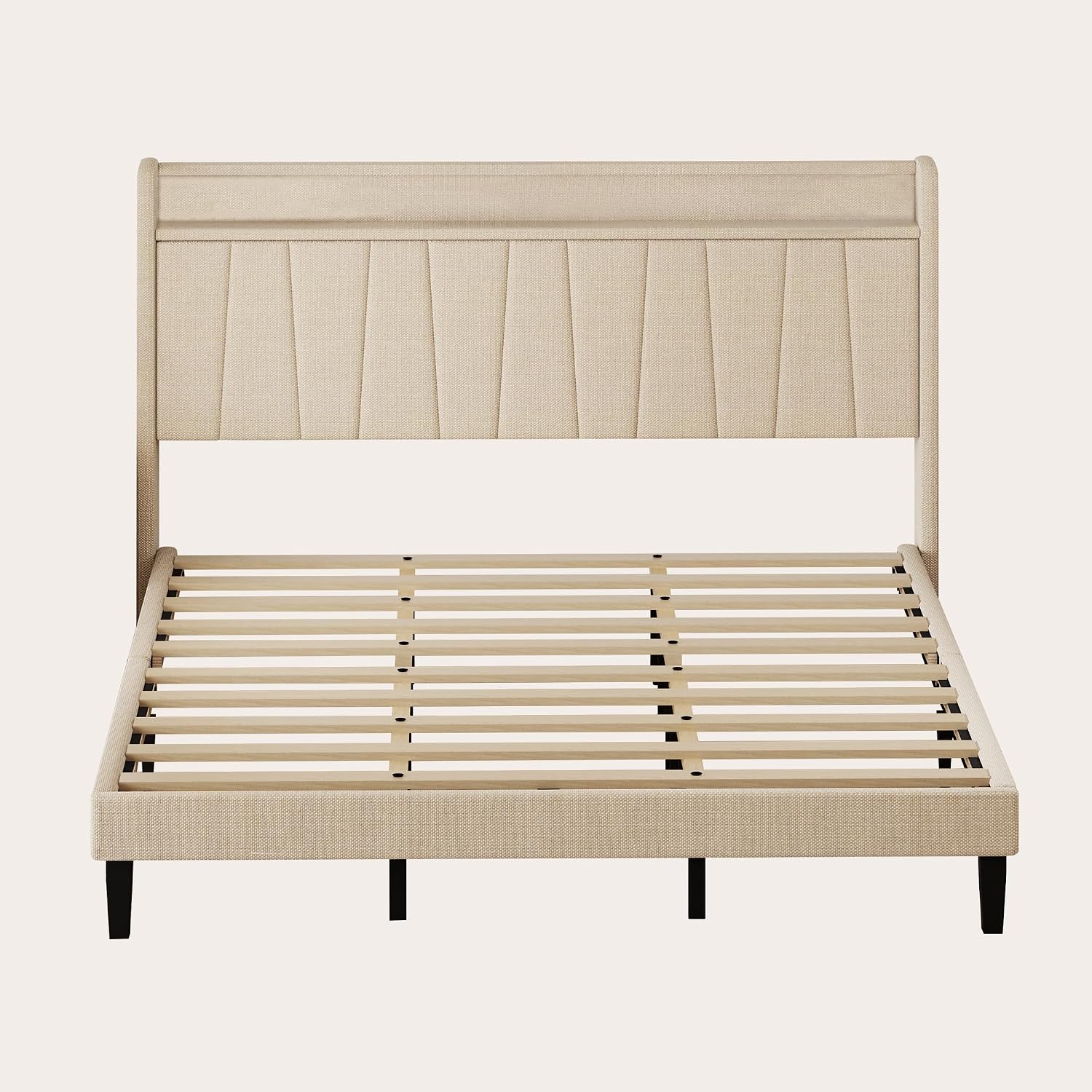 King Size Bed Frame with Headboard, Platform Bed with Upholstered Wingback Storage Headboard, Slats Support, No Box Spring Needed Beige