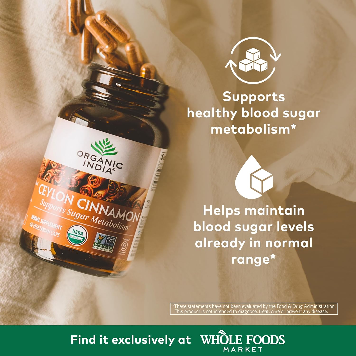 ORGANIC INDIA Ceylon Cinnamon Supplement - Organic Ceylon Cinnamon Capsules, Cinnamon Pills Herbal Supplement, Support Digestion, Source of Antioxidants, USDA Organic, Vegan, Gluten-Free - 90 Capsules