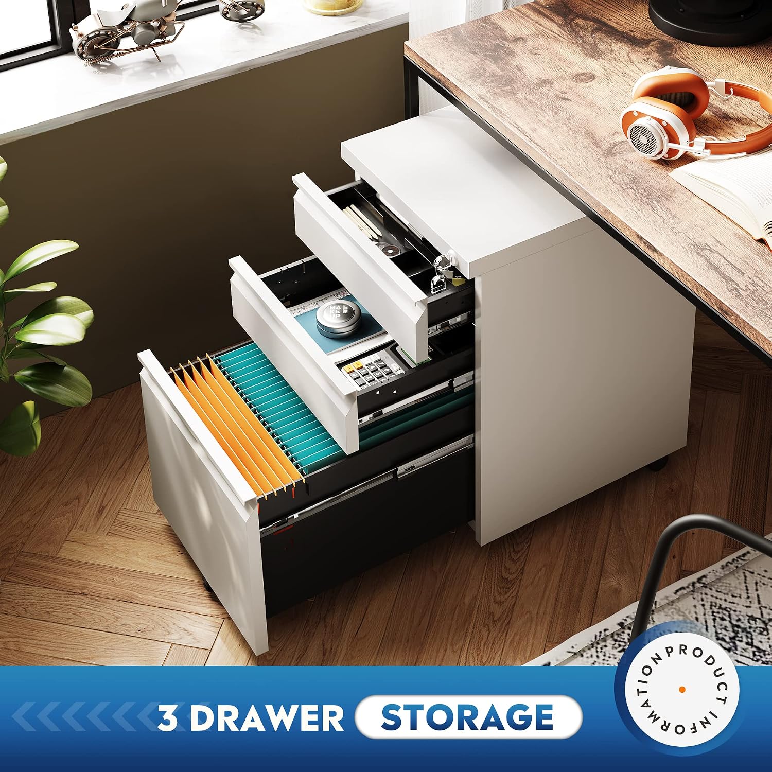 DEVAISE 3 Drawer Mobile File Cabinet with Lock, Under Desk Metal Filing Cabinet for Home Office/Legal/Letter/A4 File, Fully Assembled Except Wheels, Black