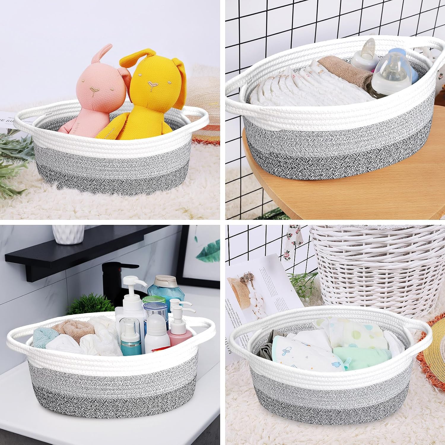 ABenkle Small Basket with Handles, Boho Decorative Rope Woven Dog Cat Toy Storage Bin Shelf Storage Organizer, Easter Christmas Gift Basket, 12"x8"x5"