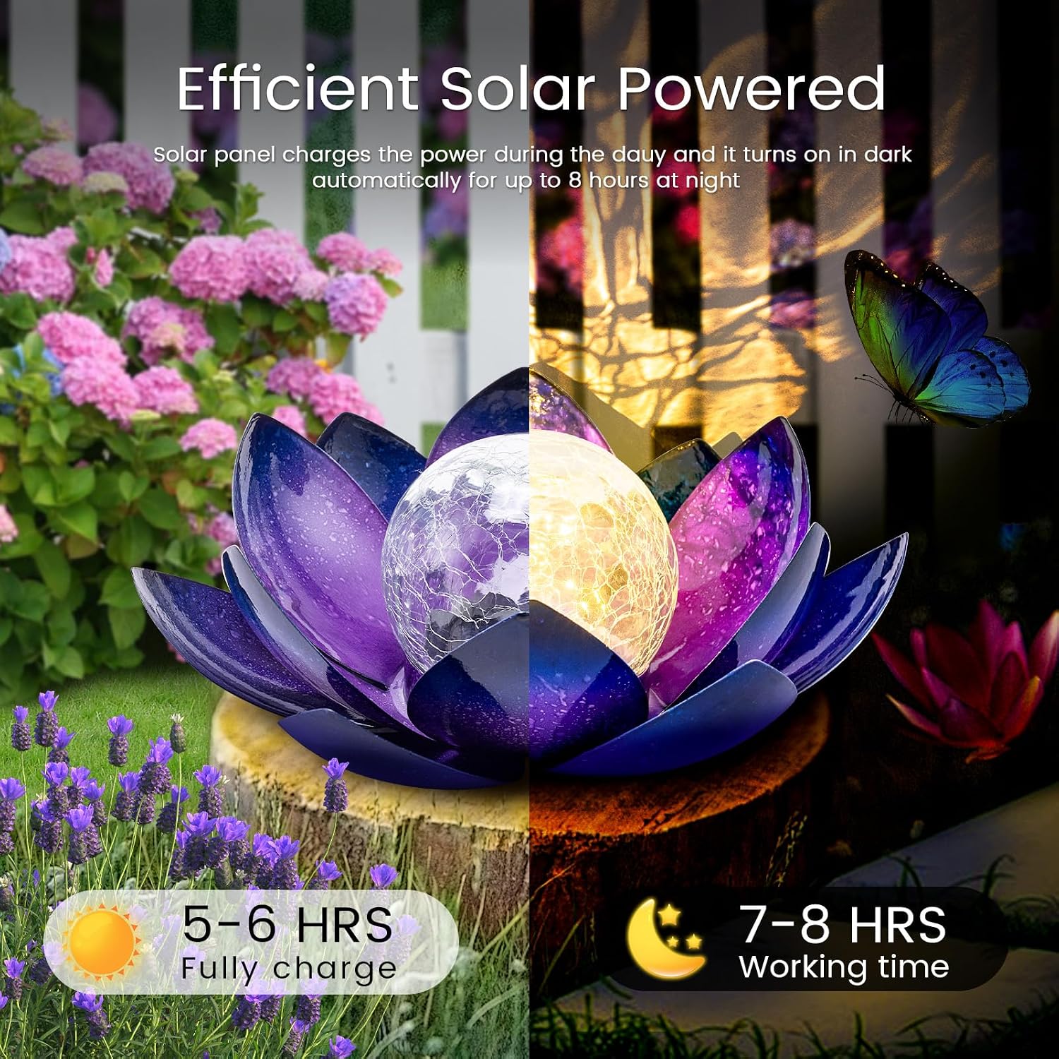 Huaxu Solar Lights Outdoor Garden, Crackle Globe Glass Lotus Decor, Waterproof LED Metal Flower Decorations for Patio,Lawn,Walkway,Tabletop,Ground