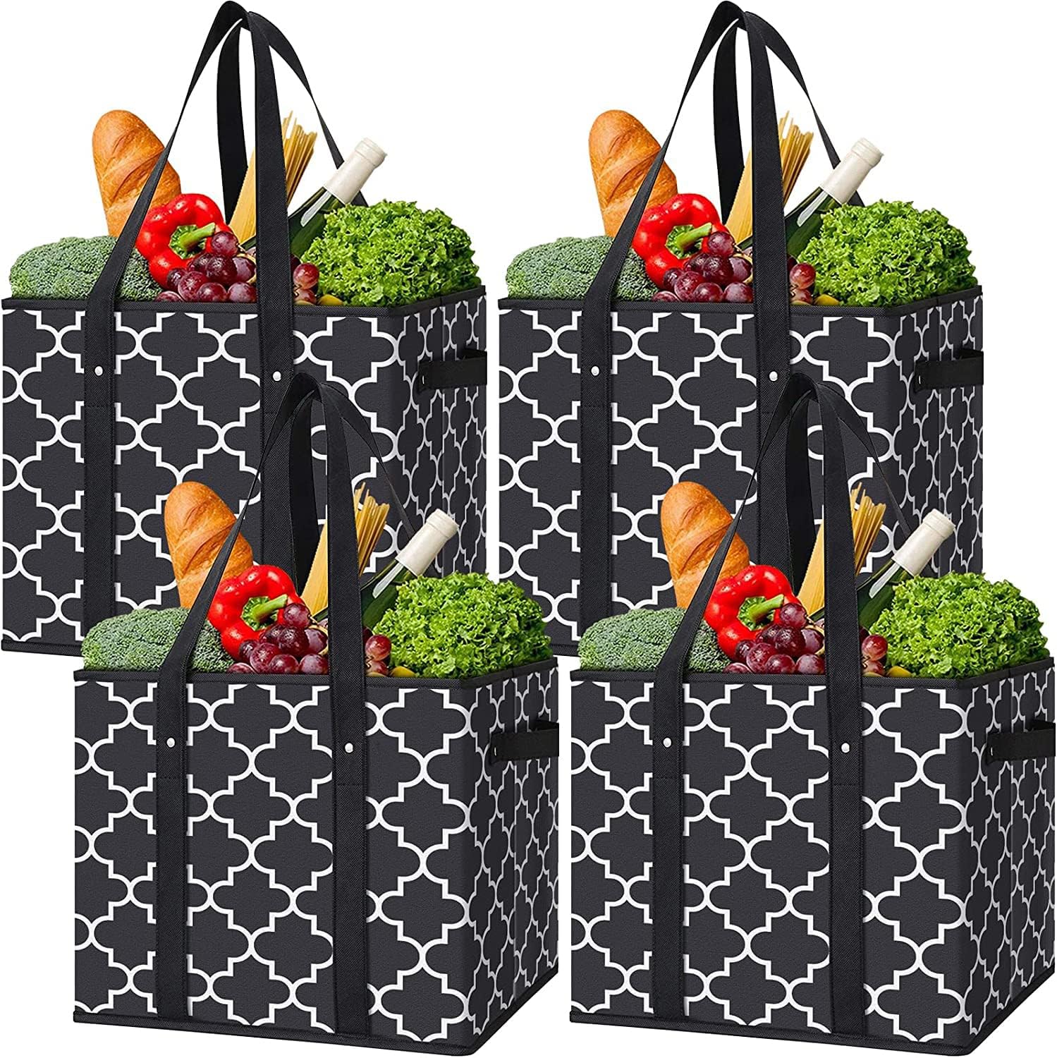 WISELIFE Reusable Grocery Bags 3-Pack Foldable Washable Large Storage Bins Basket Water Resistant Shopping Tote Bag Black