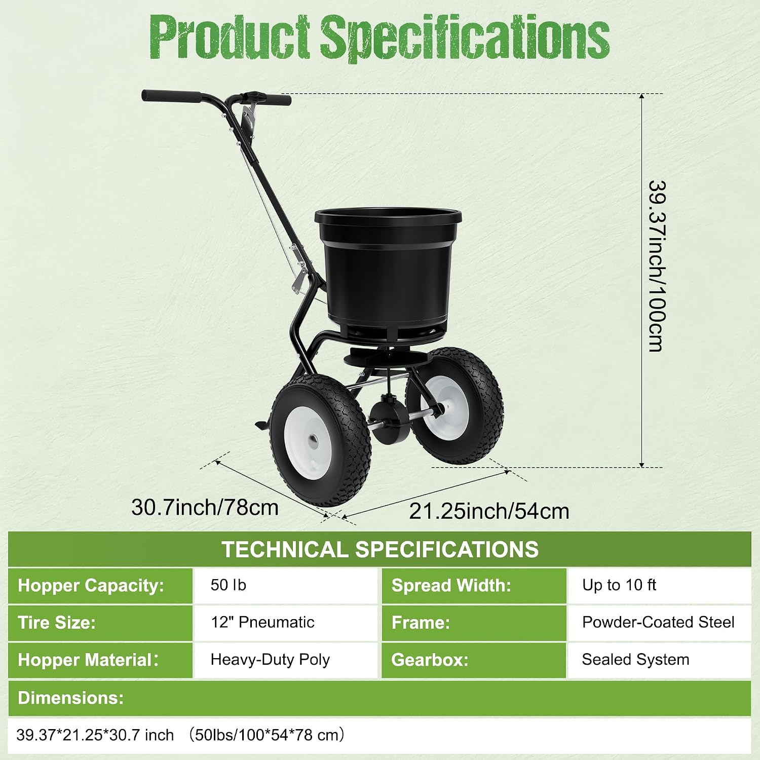 PPOLB Broadcast Spreader for Lawns, 50LB Fertilizer Spreader with 30-Level Flow Control, Walk Behind Lawn Seed & Salt Spreader, 0–10FT Coverage, Hopper Screen, Rain Cover, 12" Pneumatic Wheels
