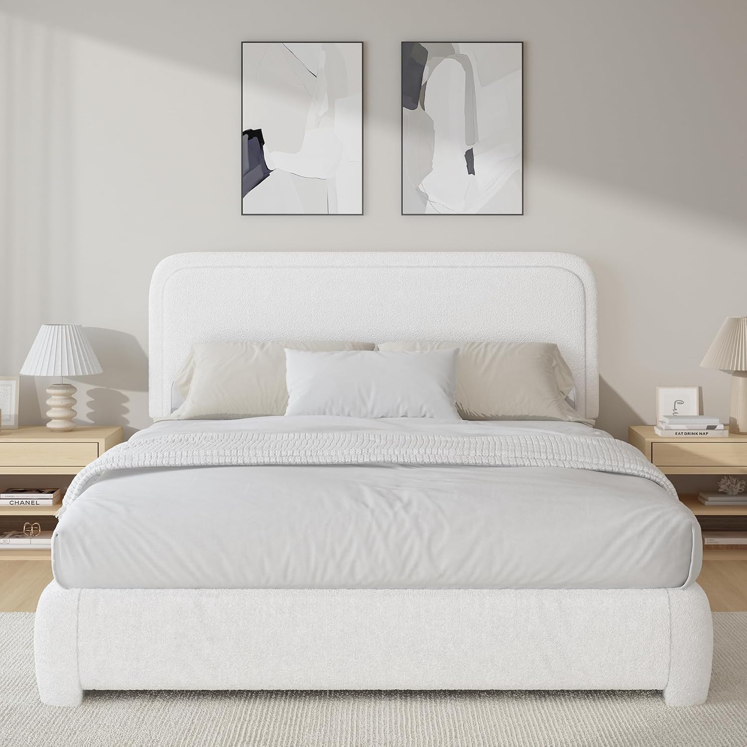 BarnFurin Full Bed Frame, Cloud Boucle Headboard, Rounded Corners, White | Soft boucle and rounded edges create a low-profile cloud look. Wooden slats support the mattress without a box spring