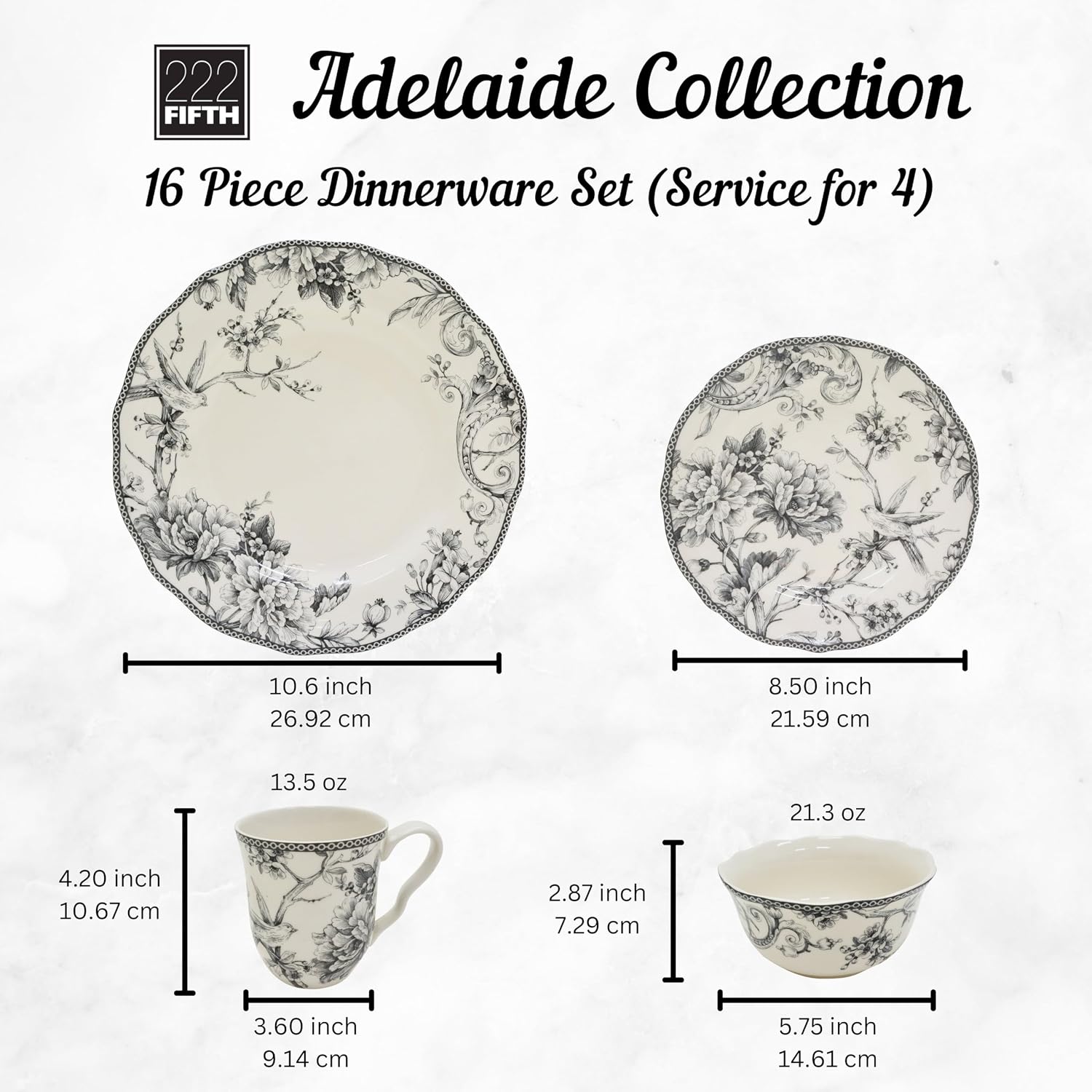 222 Fifth Adelaide 16-Piece Black Porcelain Dinnerware Set – Service for 4, Featuring Hand-Applied Romantic Woodland Bird Design