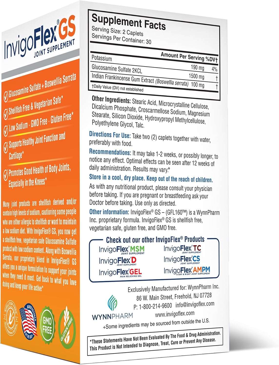INVIGOFLEX® GS - Glucosamine Sulfate (Shellfish Free, Sodium Free & Vegetarian Safe) Non GMO, Gluten Free - with Boswellia Serrata - Knees, Hands, Back, and Hip Premium Joint Supplement