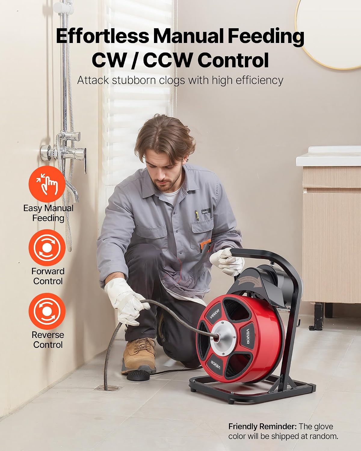 VEVOR Drain Cleaner Machine 50 FT x 1/2 Inch, Manual Feed Sewer Snake Auger with 4 Cutters & Air-Activated Foot Switch for 2" to 6" Pipes